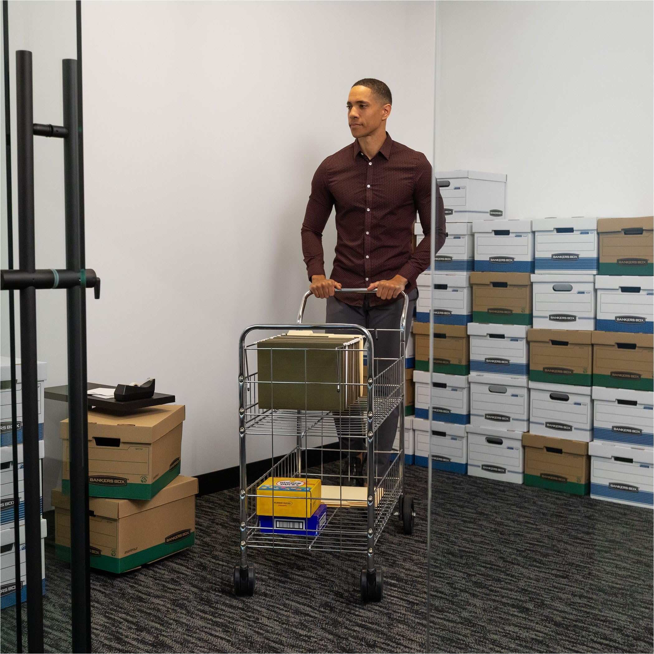 Fellowes 40912 Chrome-Plated Steel Wire Mail Cart with Upper & Lower Baskets - Heavy Duty Office Mail Organizer for Documents, Files & Supplies - Perfect for Mailrooms, Offices & Schools