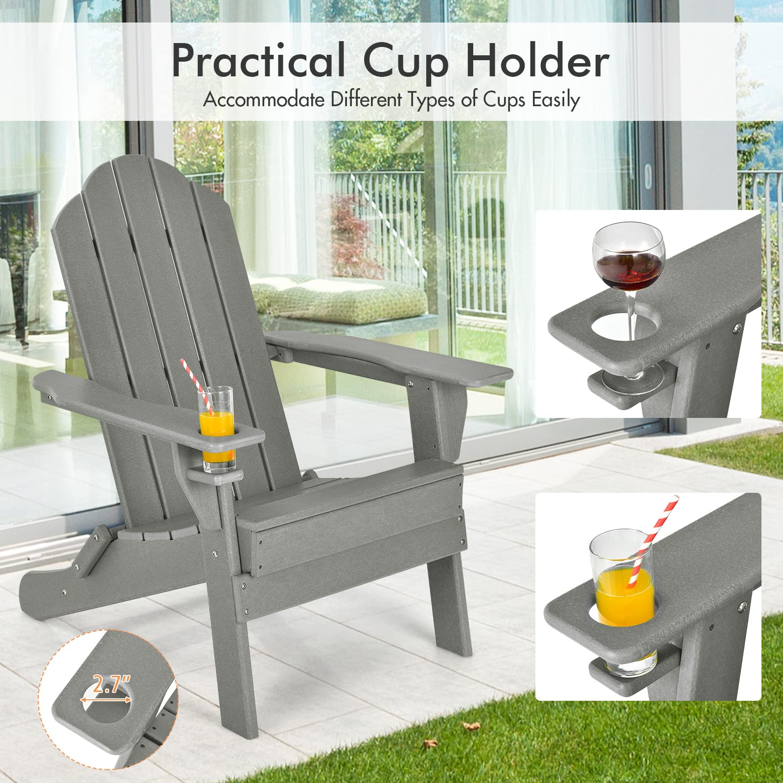 **Giantex Adirondack Chair - Outdoor Folding Patio Chair with Cup Holder, HDPE Weather-Resistant Plastic, Lightweight & Durable for Backyard, Deck, Garden, Poolside, Camping (Grey, 1-Pack)**    *(Perfect for Relaxing, Sunbathing, or Gathering Around a Fire Pit!)*
