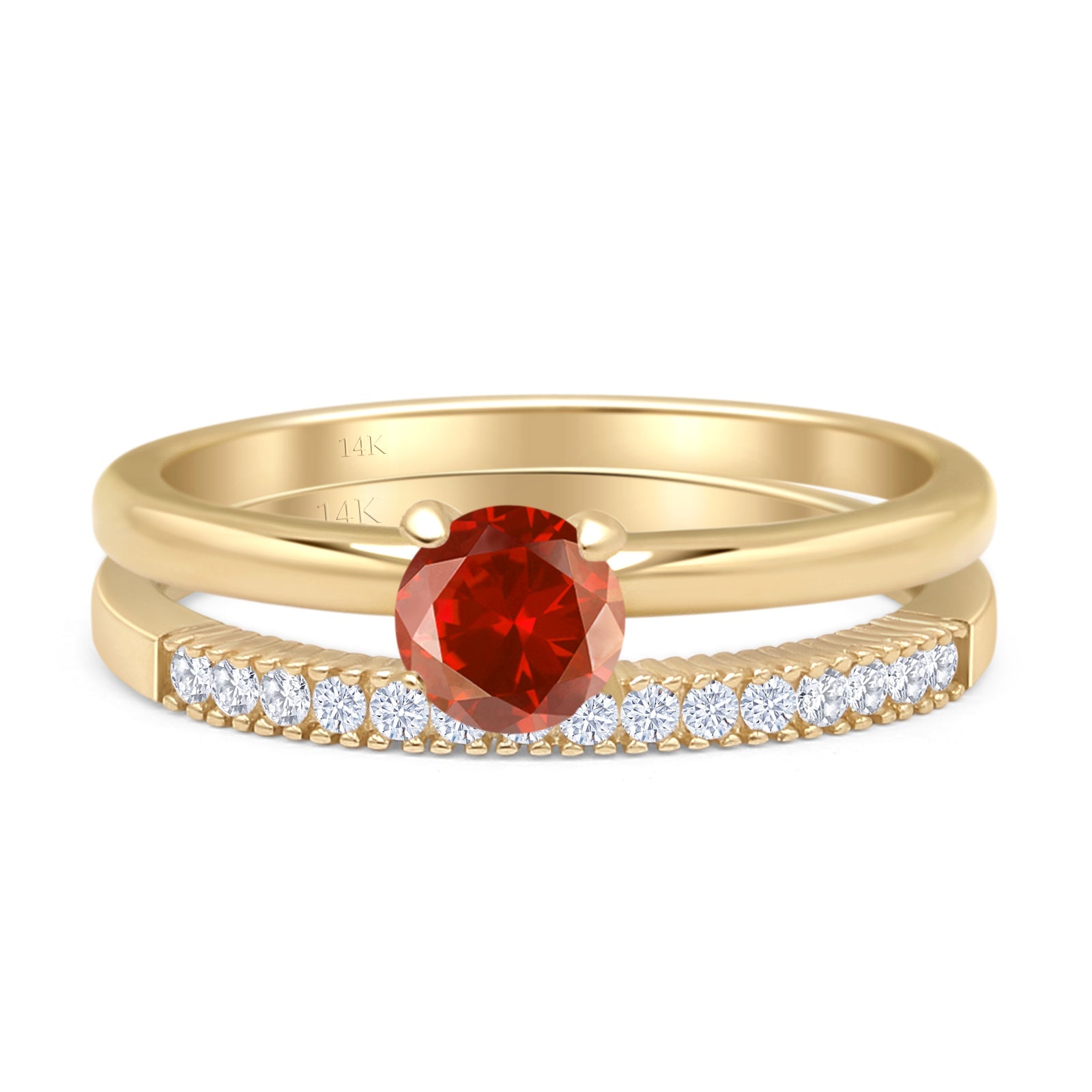 14K Yellow Gold Round Solitaire Half Eternity Band Ring with Garnet & CZ Stones - Elegant Bridal Jewelry for Weddings, Anniversaries & Special Occasions