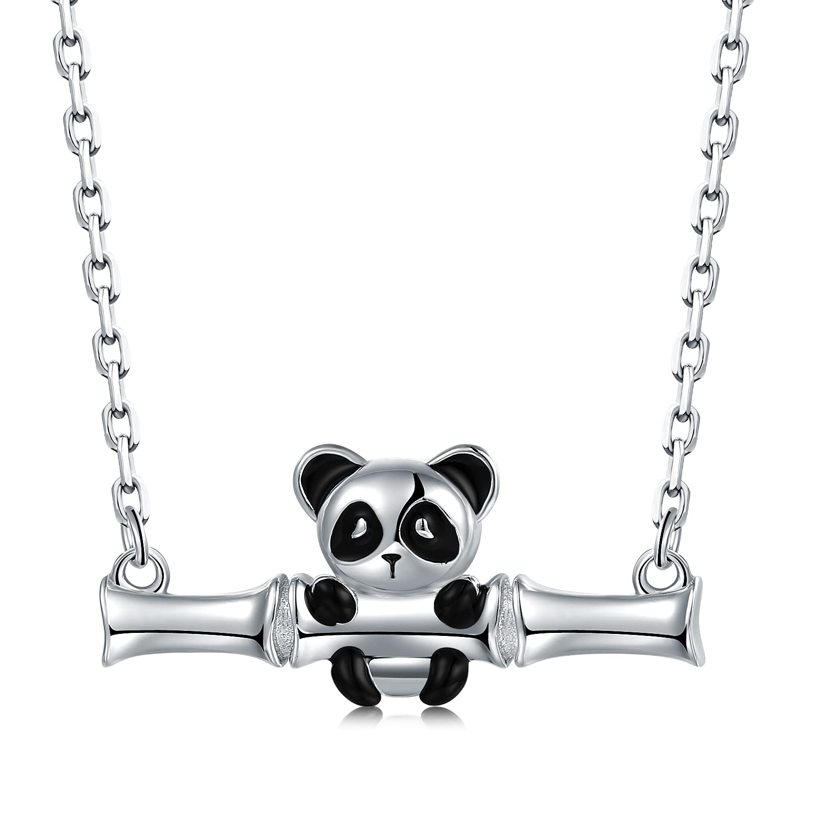 925 Sterling Silver Panda Necklace for Women & Girls - Handmade White Gold Plated Bamboo Pendant Jewelry Gift, 18