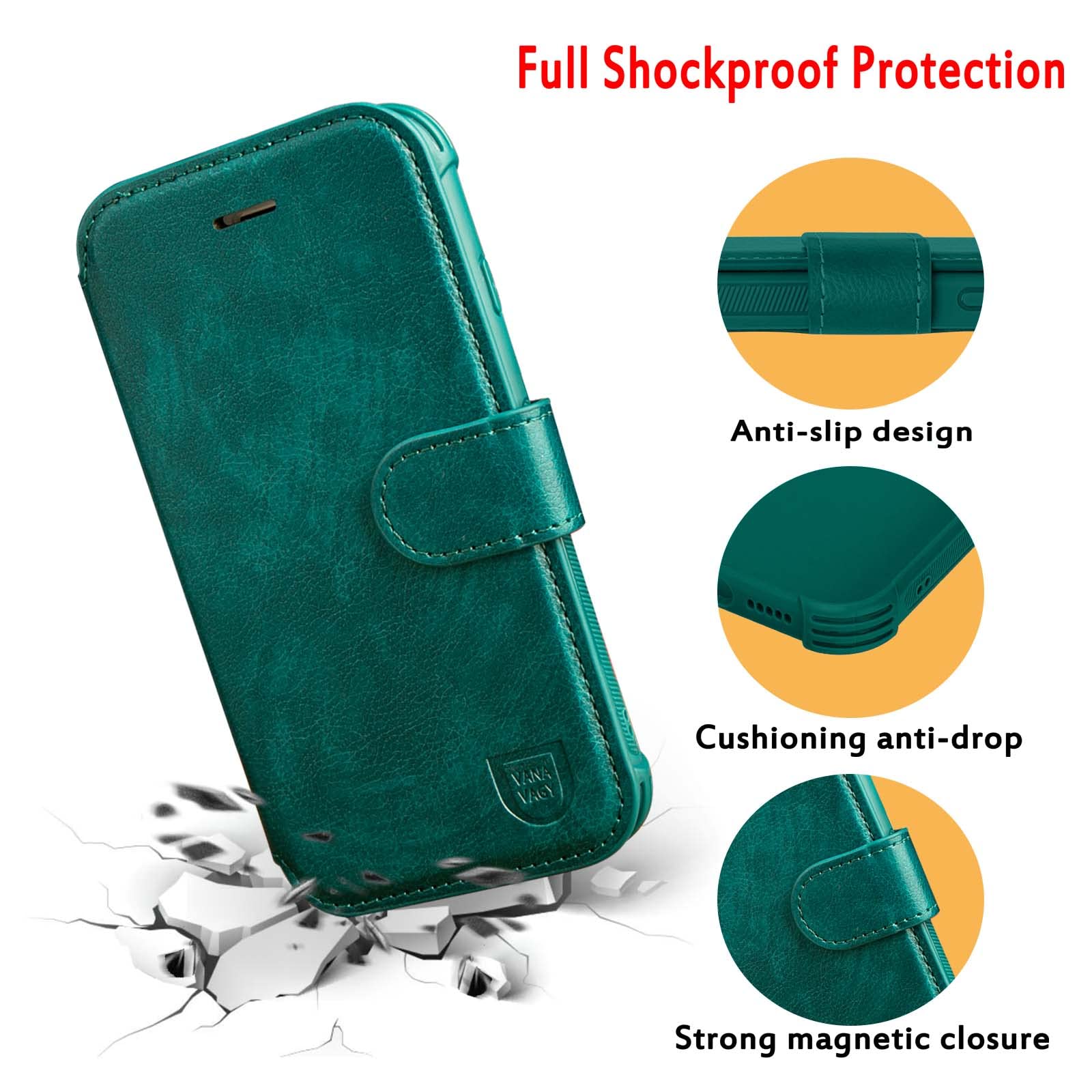 VANAVAGY iPhone 12/12 Pro Wallet Case - RFID Blocking Leather Flip Cover with Card Holder & Wrist Strap | Wireless Charging Compatible | Includes Tempered Glass Screen Protector | Midnight Green | Perfect for Daily Use, Travel & Business Meetings