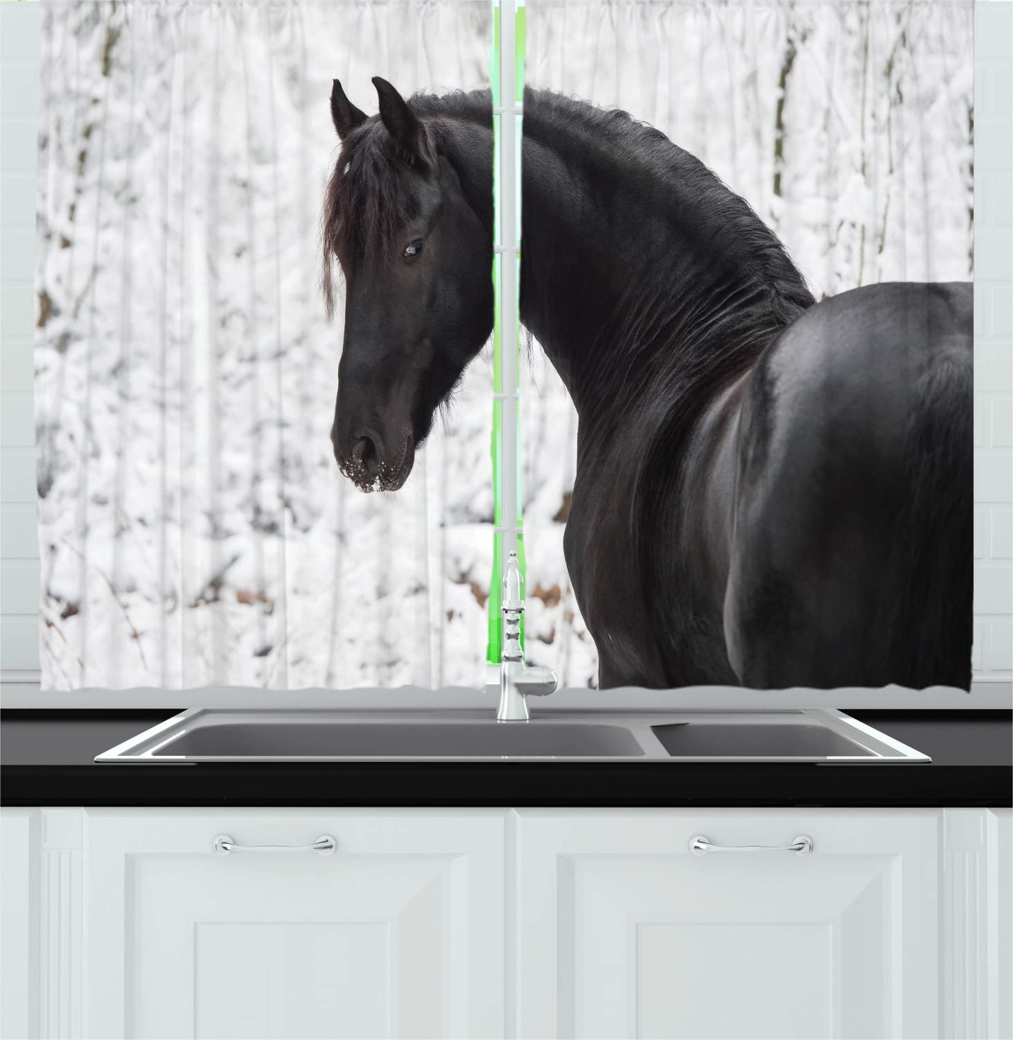 Ambesonne Equestrian Long Kitchen Curtains - Black Friesian Sport Horse Portrait on Snowy Winter Background, 2 Panel Drapes with Rod Pocket, 55 x 45 Inches, White - Perfect for Farmhouse, Country Kitchen & Equestrian Themed Home Decor