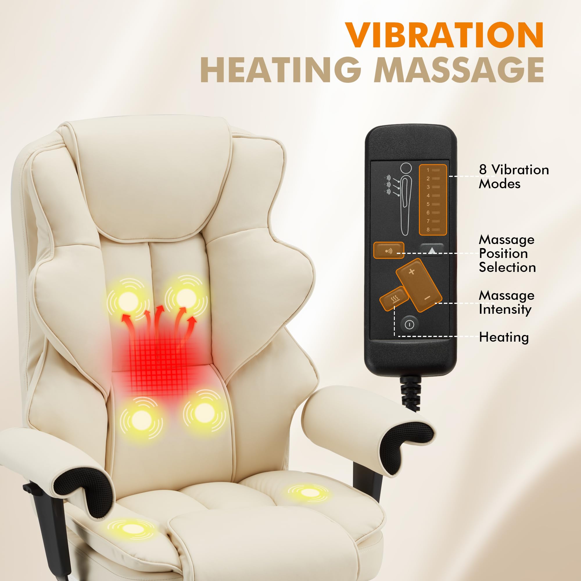 HOMREST 6-Point Massage Executive Office Chair with Heating - Ergonomic Leather Computer Desk Chair, Adjustable Armrests, Retractable Footrest & Reclining Function (Off White) - Perfect for Home Office, Gaming & Workspaces