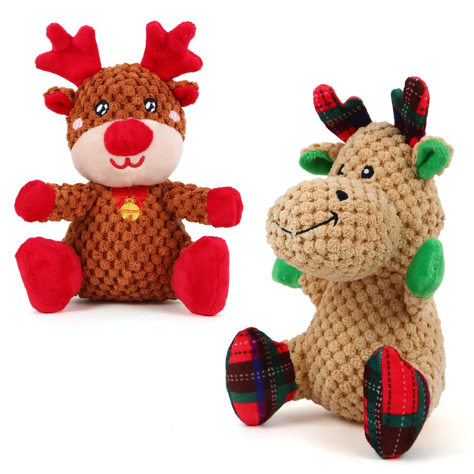 2 Pack Christmas Squeaky Plush Dog Toys for Small & Medium Dogs - Durable Chew-Proof Puppy Toys with 2 Cute Elk Designs (Red & Green) - Perfect for Holiday Playtime, Training Rewards & Interactive Fun