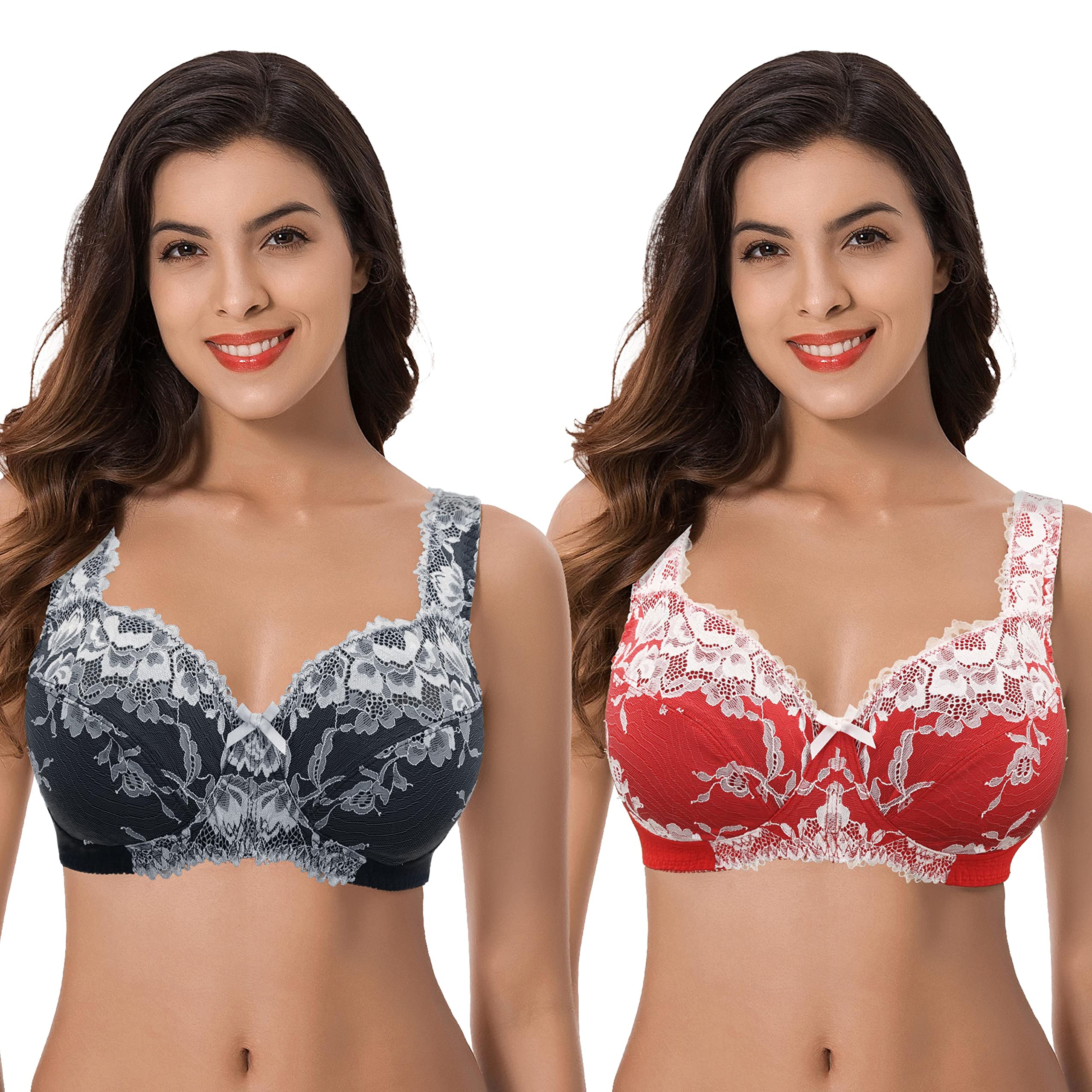 Curve Muse Women's Plus Size Minimizer Unlined Wireless Lace Full Coverage Bras - Comfortable Support for Everyday Wear, Work & Special Occasions