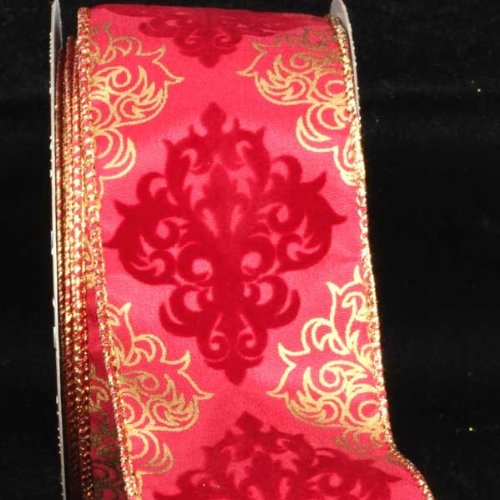 Decorative Damask-Style Red & Gold Wired Craft Ribbon - 2.5