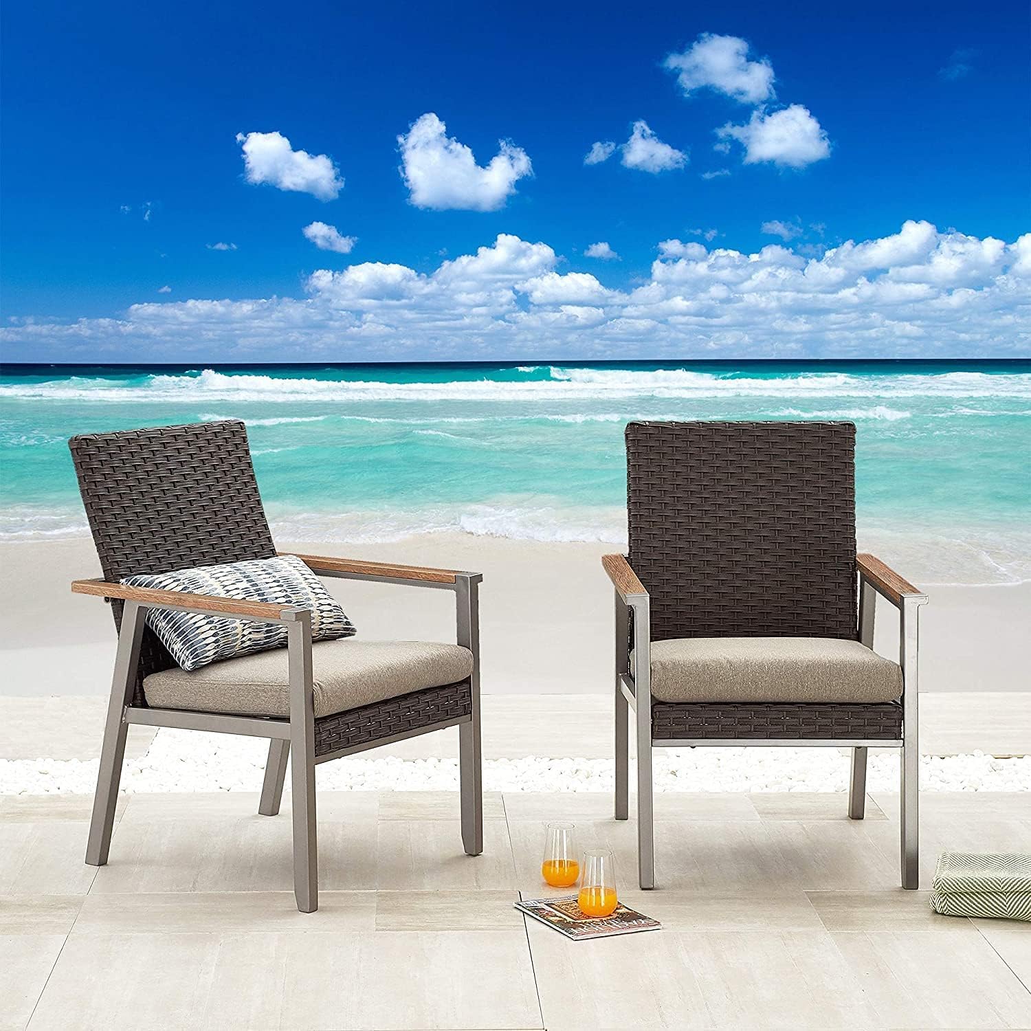 LOKATSE HOME 2-Piece Gray Outdoor Wicker Dining Chair Set - Patio Rattan Furniture with Cushions, Weather-Resistant Metal Armchairs for Garden, Poolside, and Backyard Relaxation