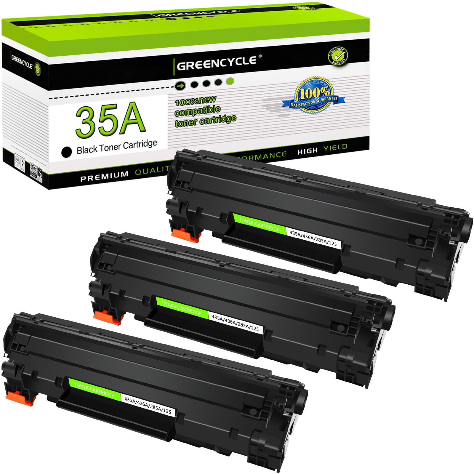Greencycle 3-Pack CB435A 35A Black Laser Toner Cartridges - Compatible Replacement for HP LaserJet P1005 P1006 P1007 P1008 P1009 Printers | High-Quality Office & Home Printing Supplies