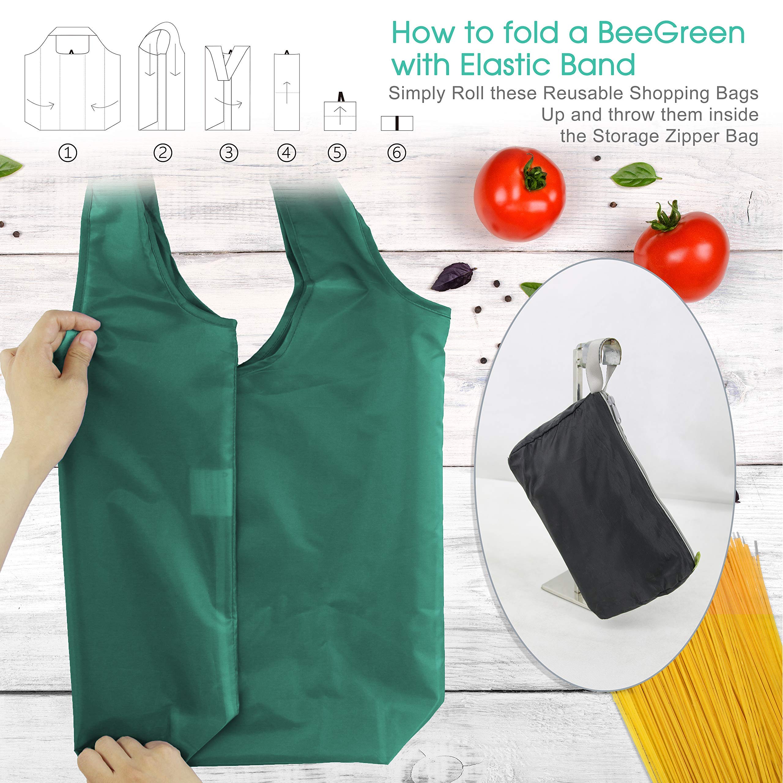 BeeGreen 24 Pack Reusable Grocery Bags - Heavy Duty, Machine Washable, Foldable Shopping Totes with Elastic Band | X-Large, Lightweight & Durable | Perfect for Grocery Shopping, Farmers Markets & Eco-Friendly Errands