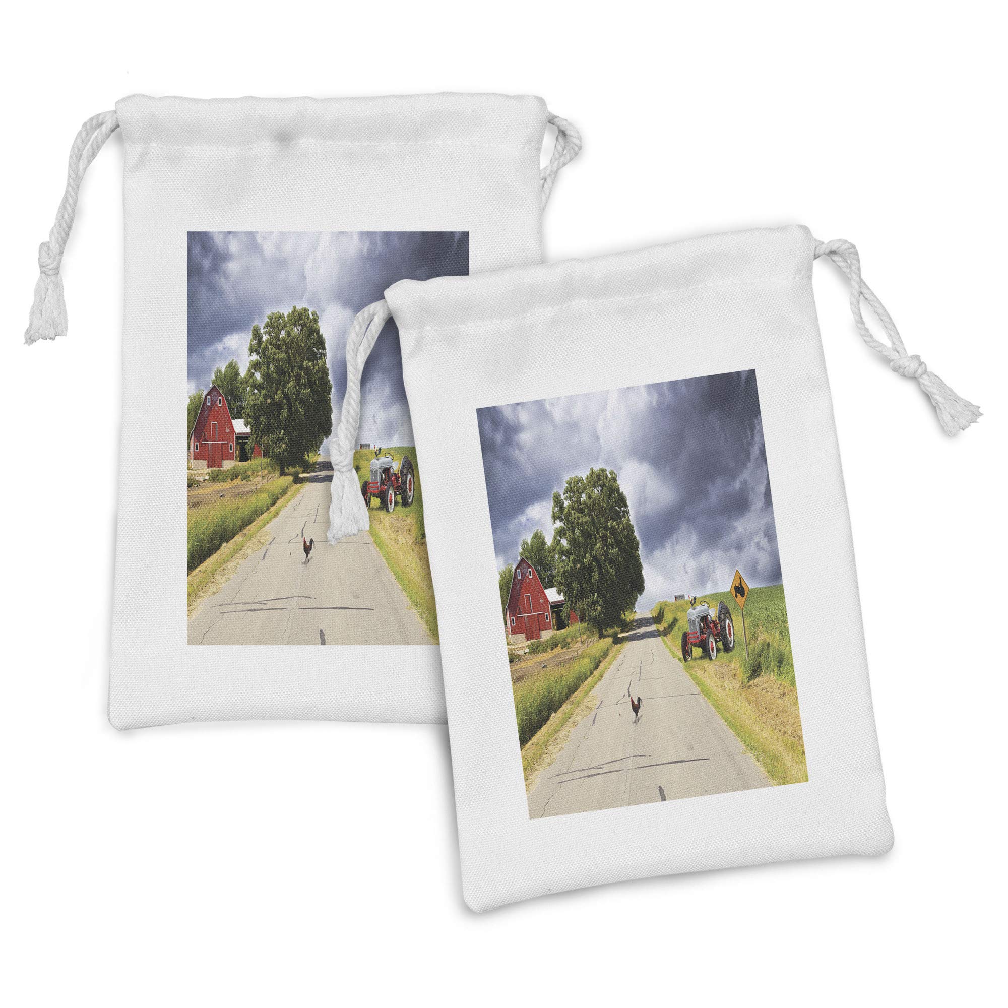 Ambesonne Farmhouse Fabric Pouch Set of 2 - Country Road Barn & Tractor Design - 9