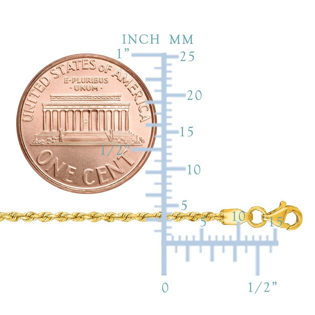 14K Real Yellow Gold Hollow Rope Chain Necklace - 1.5mm, 2mm or 2.5mm Thickness - Lobster Claw Clasp - 16