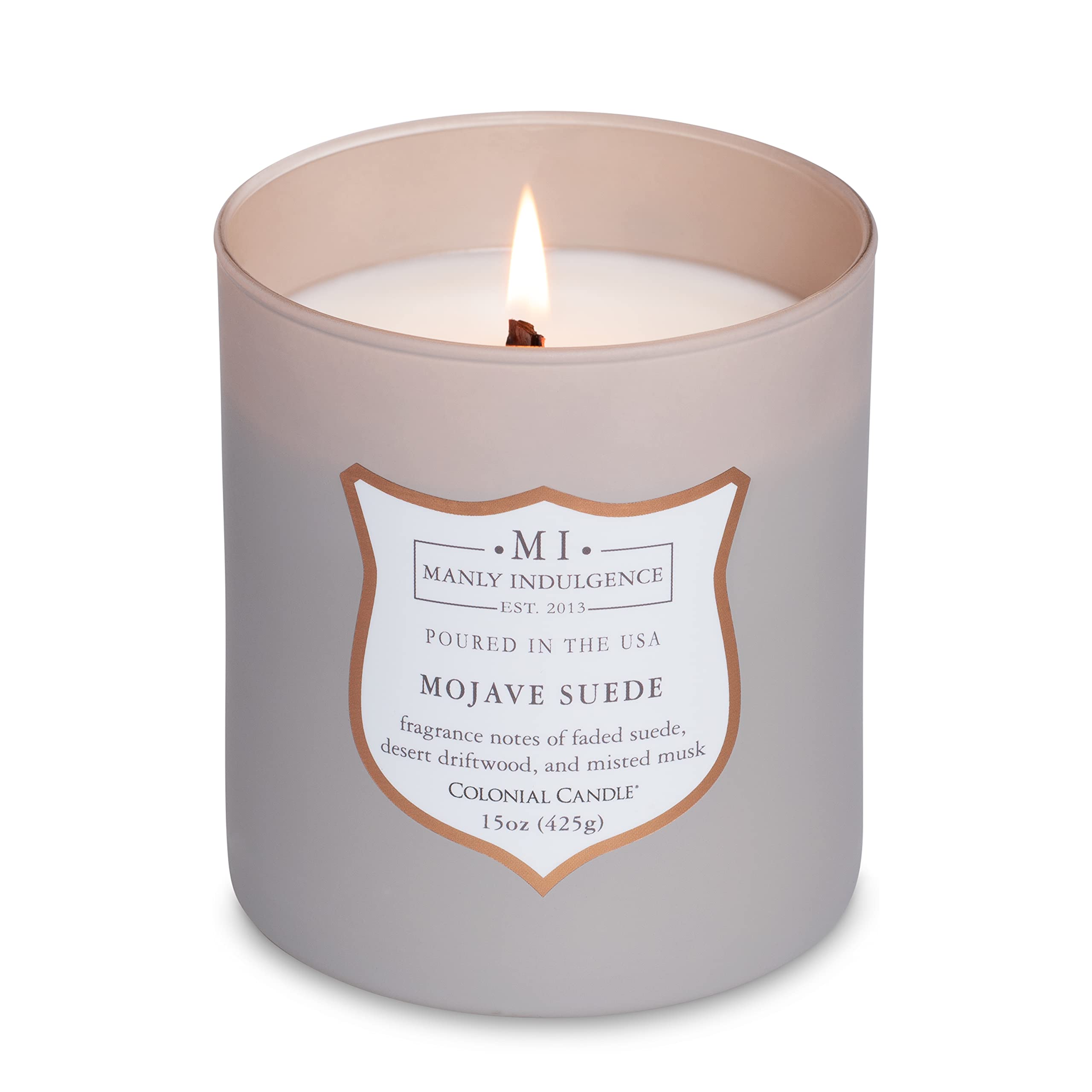 Manly Indulgence Mojave Suede Scented Jar Candle - Signature Collection with Wood Wick, 15oz (60 Hours Burn Time) - Grey Aromatherapy Candle for Home, Office & Relaxation