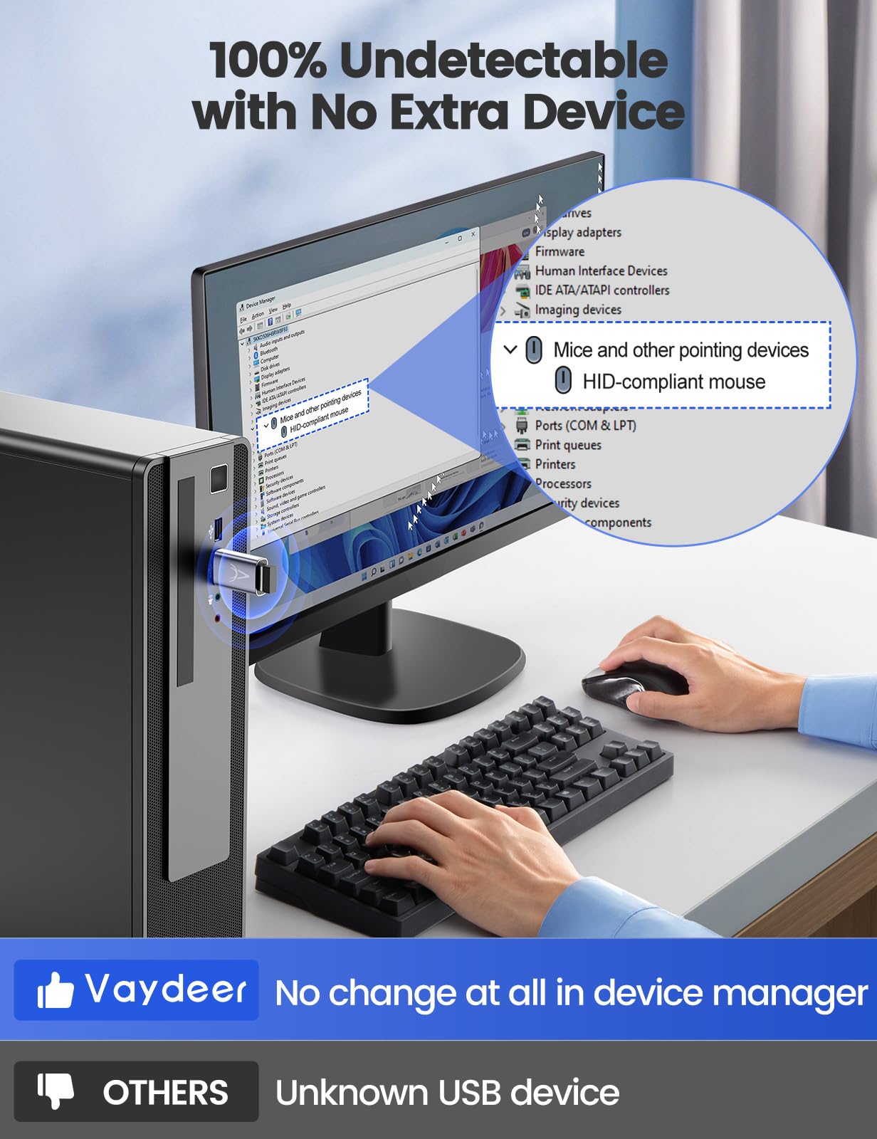 Vaydeer Smart Mouse Jiggler X3 - Mini Undetectable USB Mouse Mover with Auto-Sensing & Random Movement, Button-Free PC Activity Simulator for Work from Home, Online Meetings & Preventing Sleep Mode (Metal)