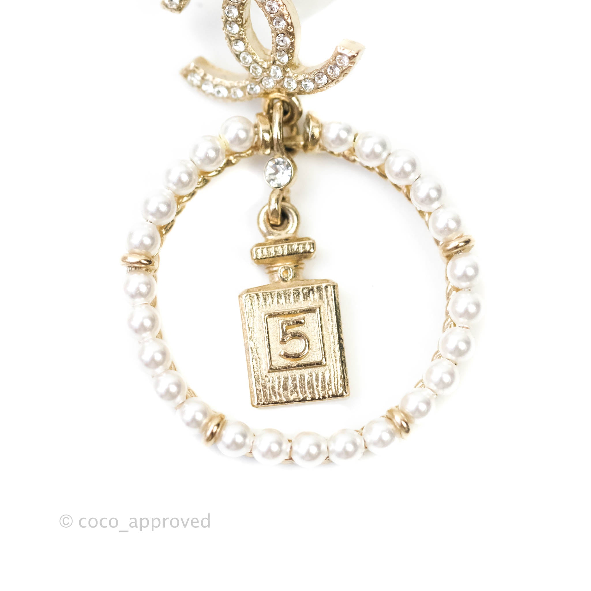 Chanel CC Crystal Pearl Ring & No.5 Drop Earrings Set - Luxury Fashion Jewelry for Women | Perfect for Parties, Weddings & Special Occasions