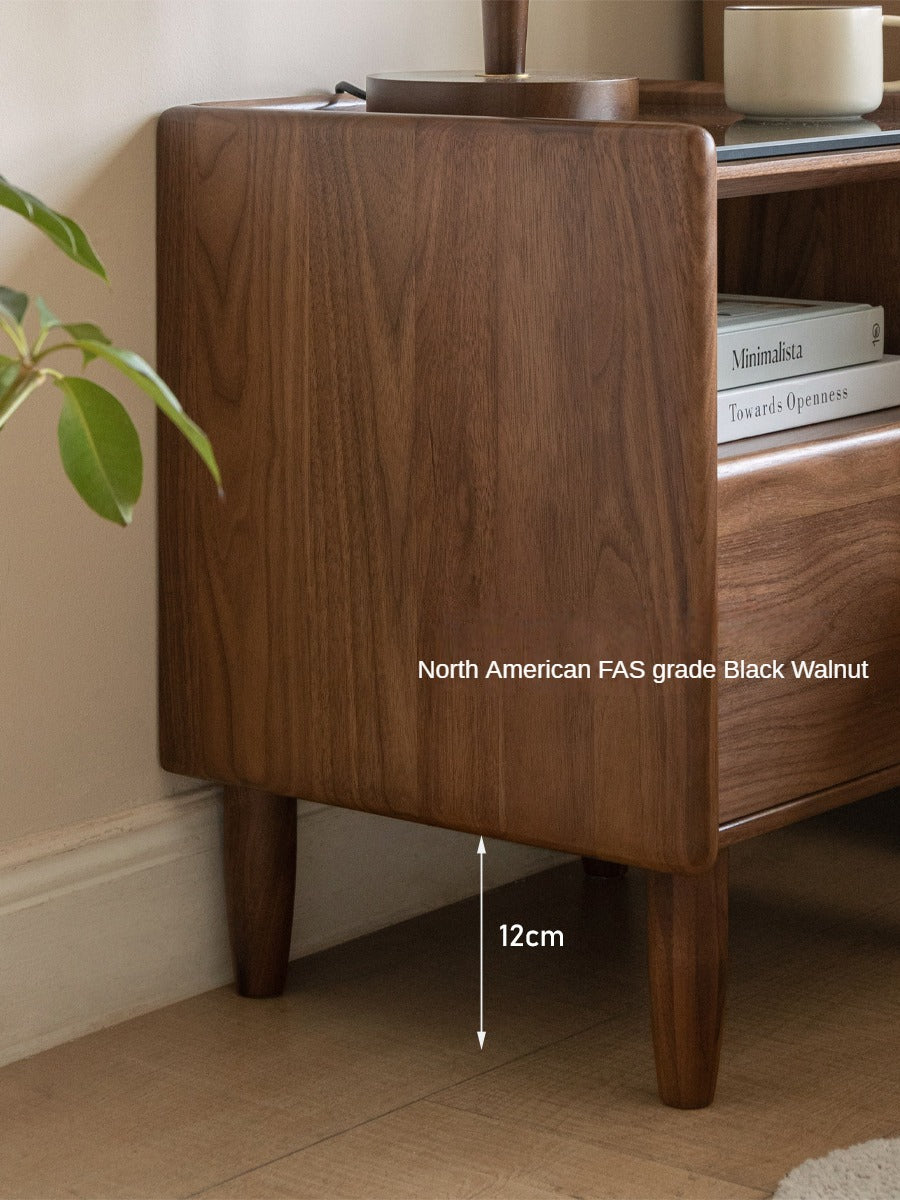 Premium Black Walnut Solid Wood Nightstand with Tempered Glass Top - Modern Bedside Table for Bedroom, Living Room, or Office Use