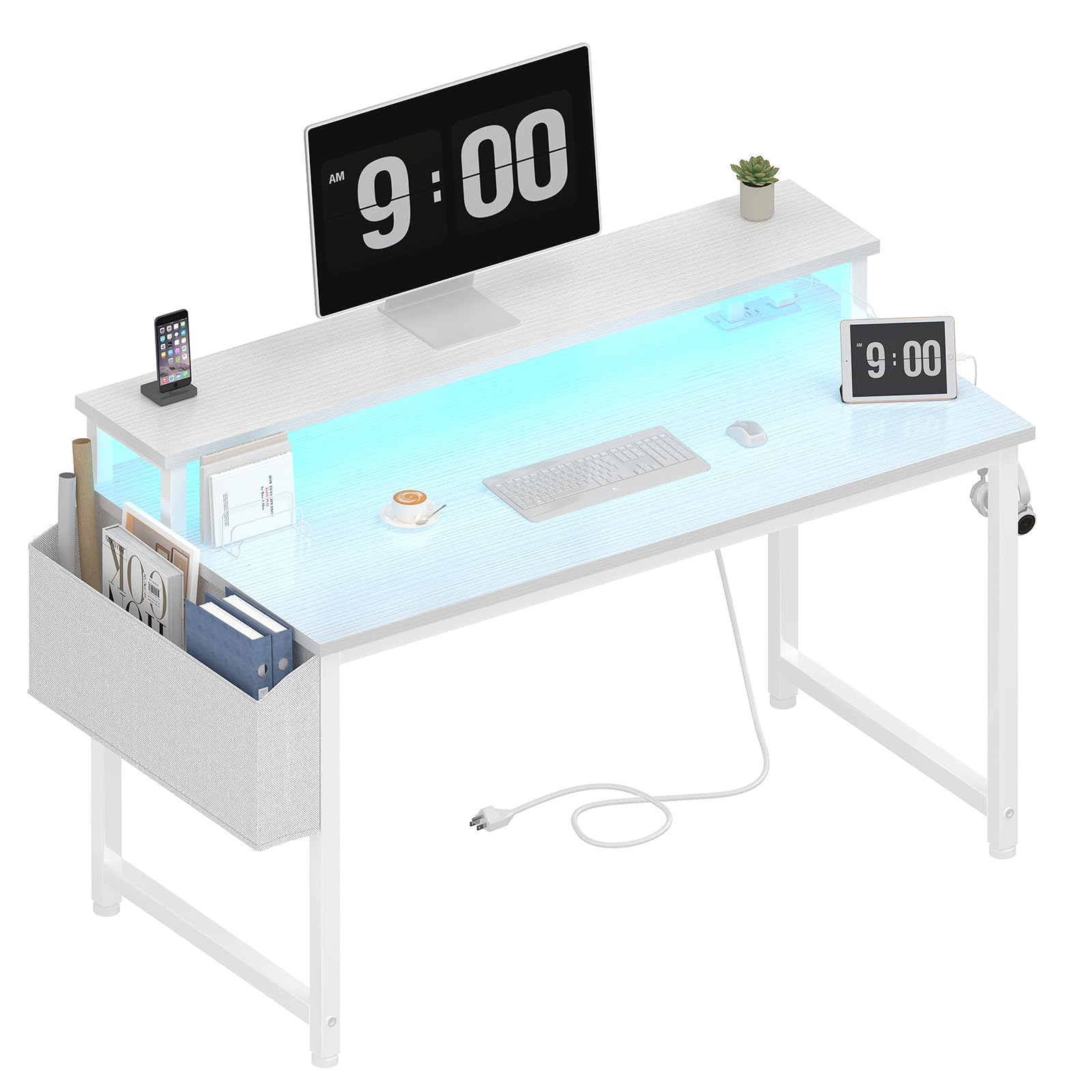 Lufeiya 40 Inch White LED Computer Desk with Power Outlets & Charging Station - Modern Home Office Desk with Monitor Stand, Study Table & Gaming Desk for Teens & Adults - Perfect for Small Spaces, Remote Work & Online Classes