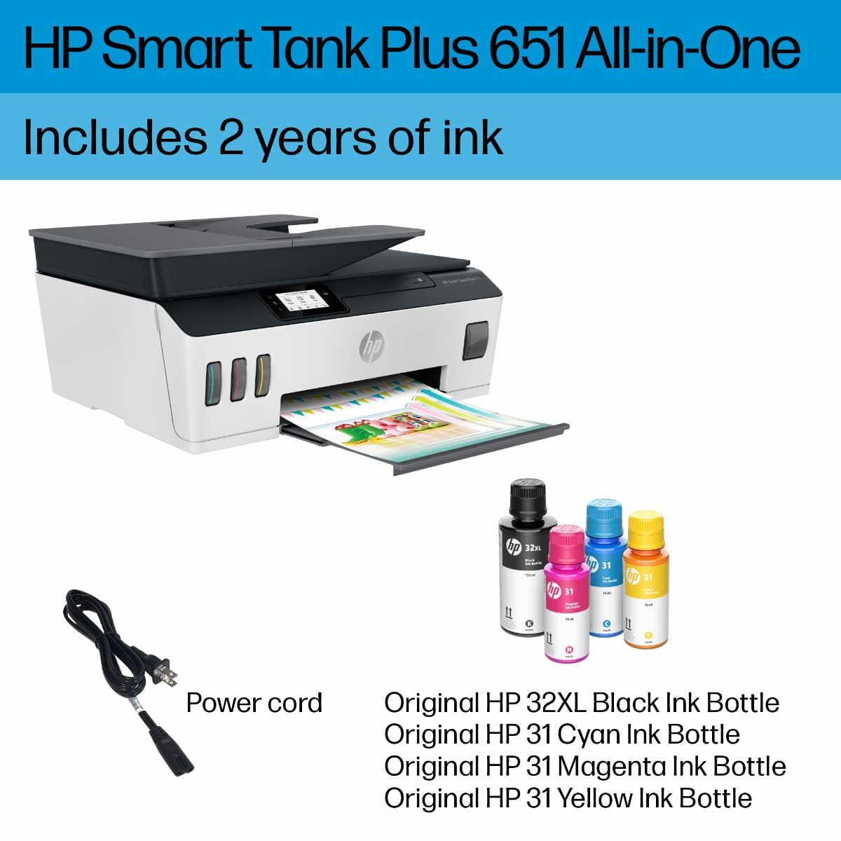 HP Smart-Tank Plus 651 Wireless All-in-One Ink-Tank Printer with 2 Years of Ink Supply - Auto Document Feeder, Mobile Printing, Scanning, Copying - Alexa Compatible (7XV38A) - Perfect for Home Office, Small Business & Remote Work