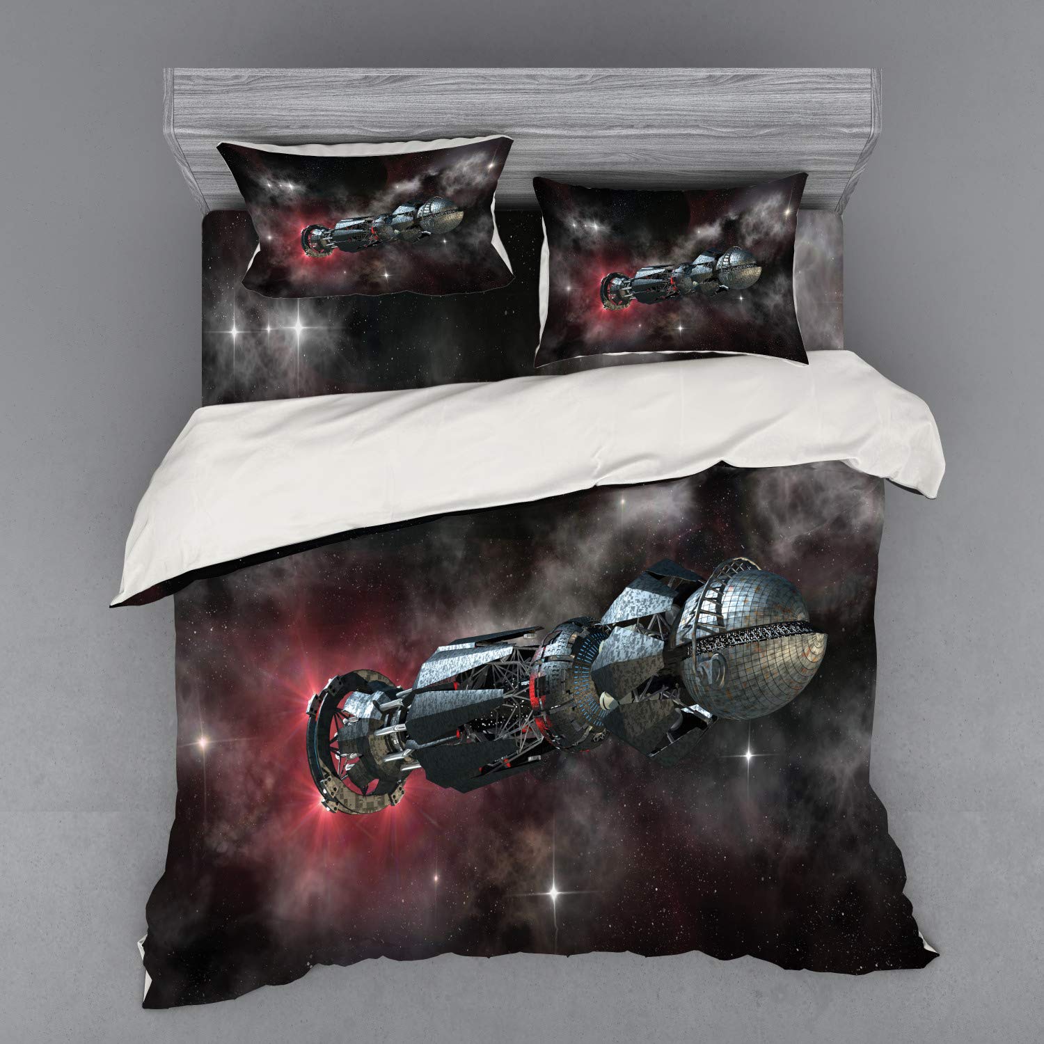 Ambesonne Galaxy Bedding Set - King Size 4-Piece Duvet Cover with Shams & Fitted Sheet, Spaceship Interstellar Travel Design on Starfield, Sci-Fi Fantasy Theme in Black | Perfect for Space-Themed Bedrooms, Sci-Fi Lovers & Unique Home Decor