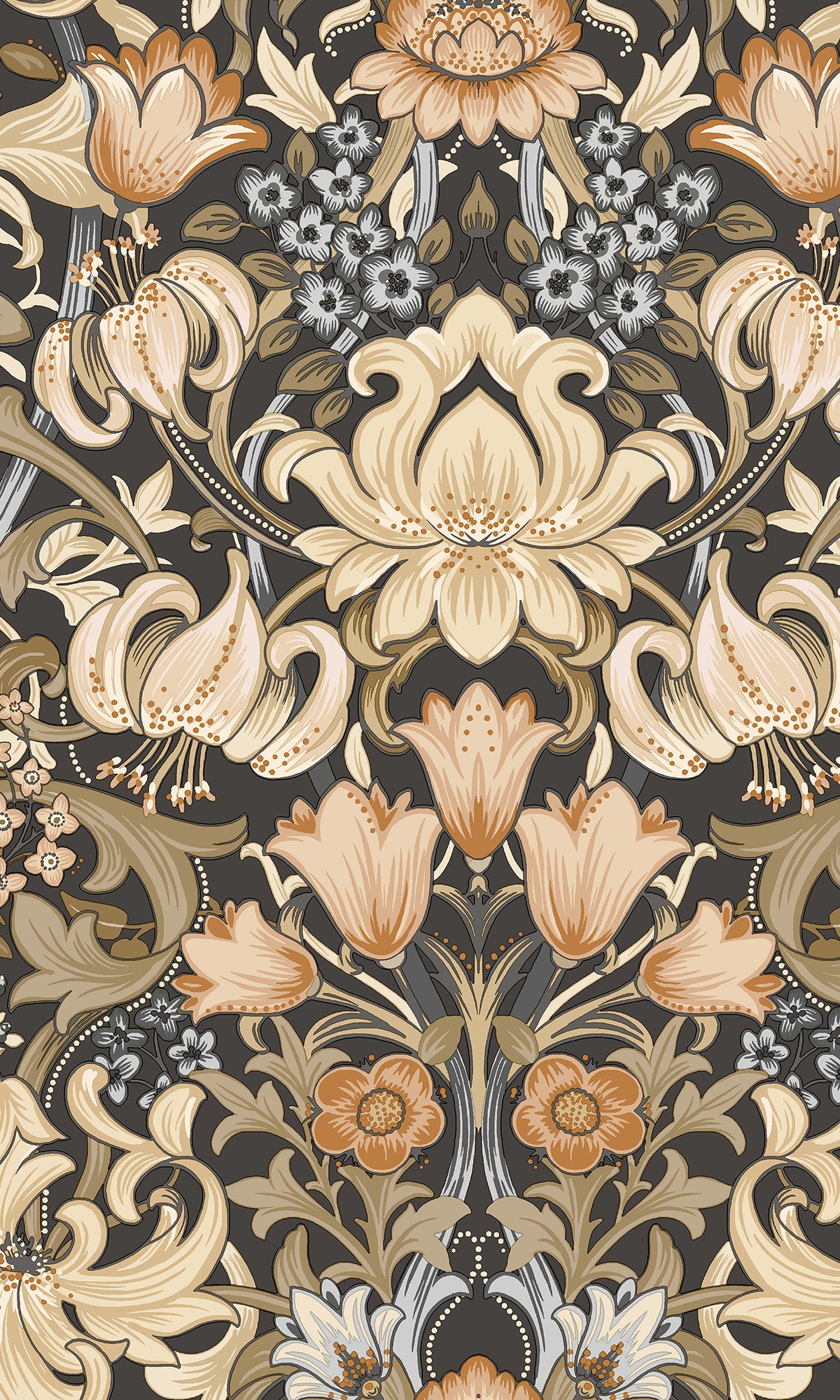 Charcoal and Orange Elegant Floral Damask Wallpaper R9635 - Premium Peel and Stick Wallpaper for Living Room, Bedroom, Dining Room Decor