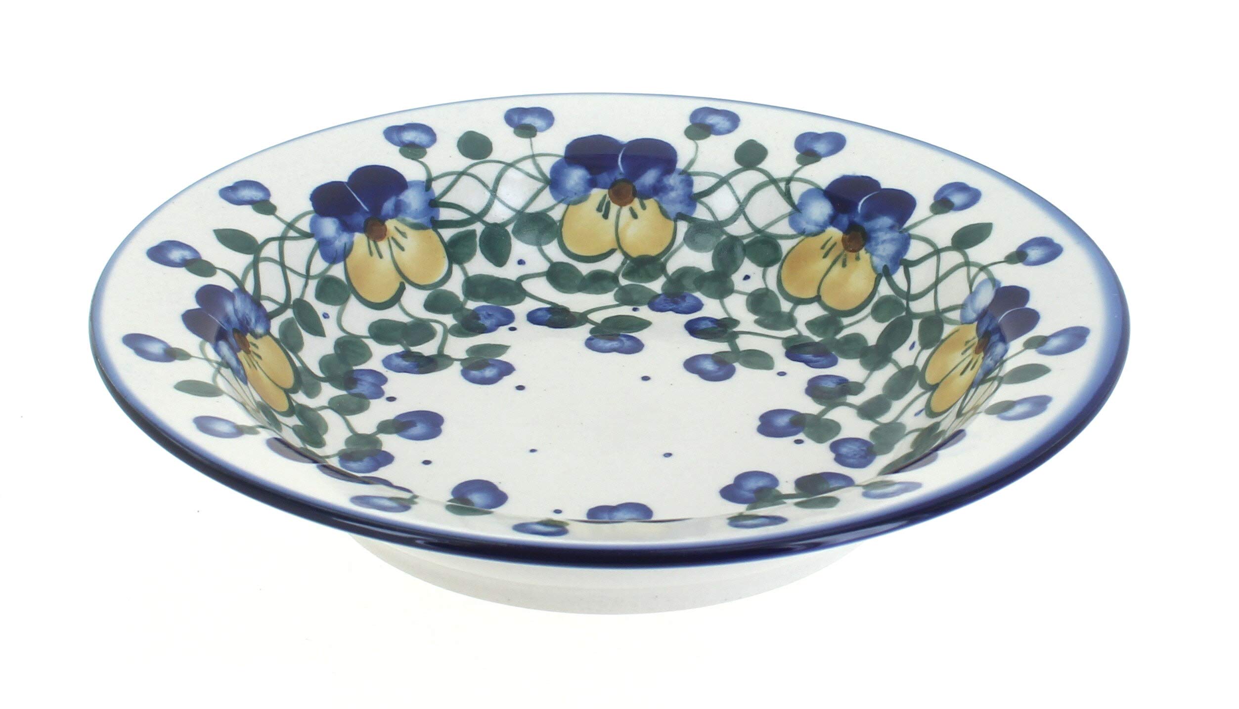 Handmade Blue Rose Polish Pottery Pansies Soup Plate with Decorative Rim - Elegant Dinnerware for Soup, Salad & Dessert Serving - Perfect for Home Dining, Parties & Gift Giving