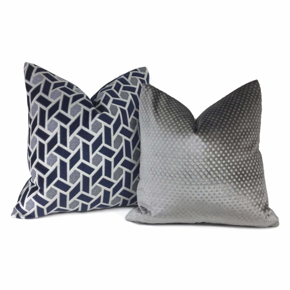 Navy Blue & Light Gray Geometric Velvet Pillow Cover - Soft Decorative Throw Pillow Case for Sofa, Bed & Home Decor