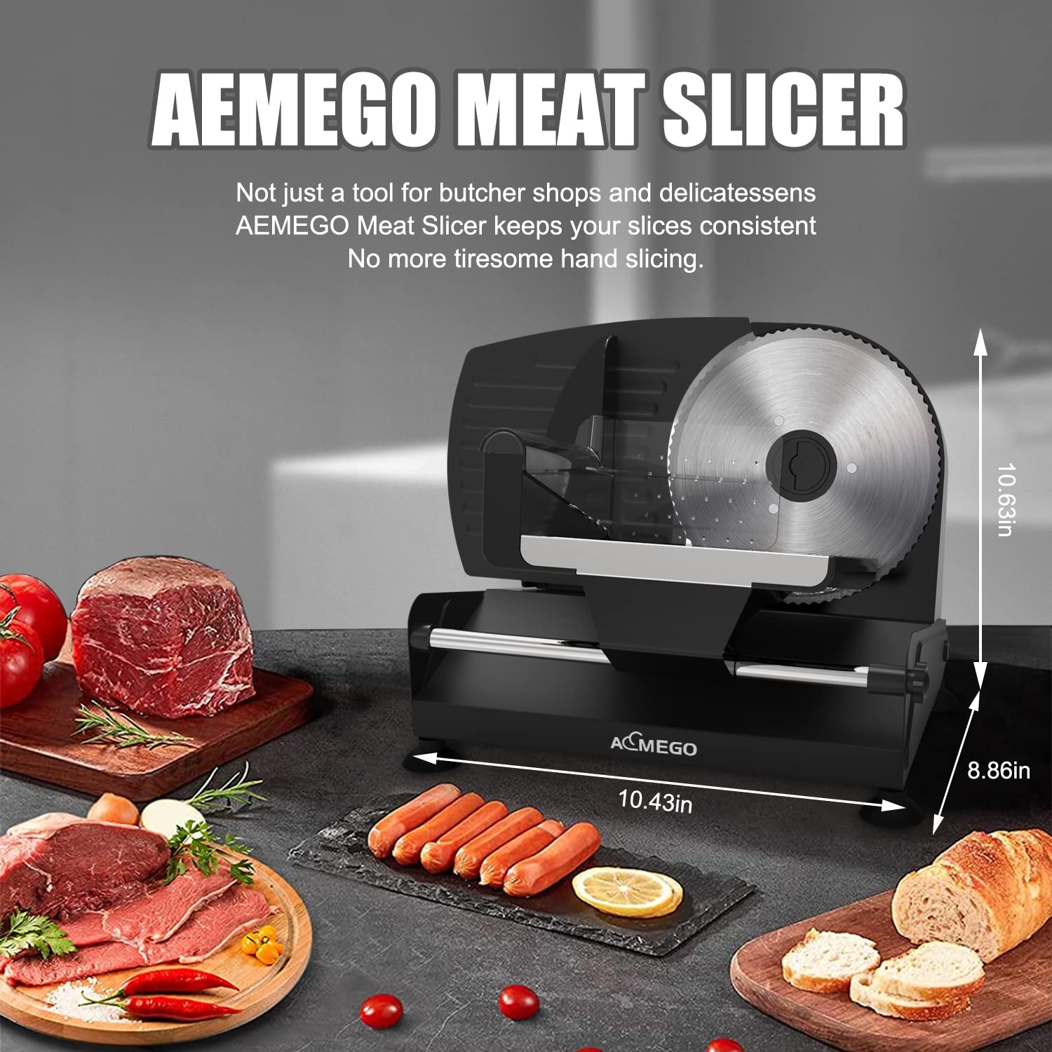 Aemego 200W Electric Meat Slicer for Home Use - Adjustable Thickness Food Slicer with Removable Stainless Steel Blade - Perfect for Deli, Jerky, Cheese, Bacon & More - Ideal for Kitchen, Delicatessen & Food Prep