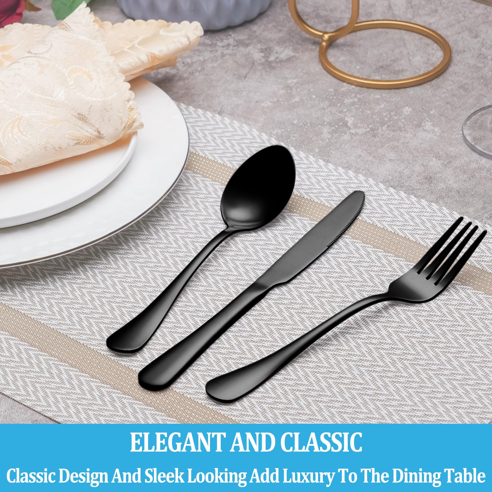 50-Piece Black Stainless Steel Flatware Set for 10 - Mirror Polished Cutlery Utensils with Forks, Knives & Spoons - Durable Dishwasher Safe Kitchen & Dining Tableware - Perfect for Home, Restaurant & Party Use