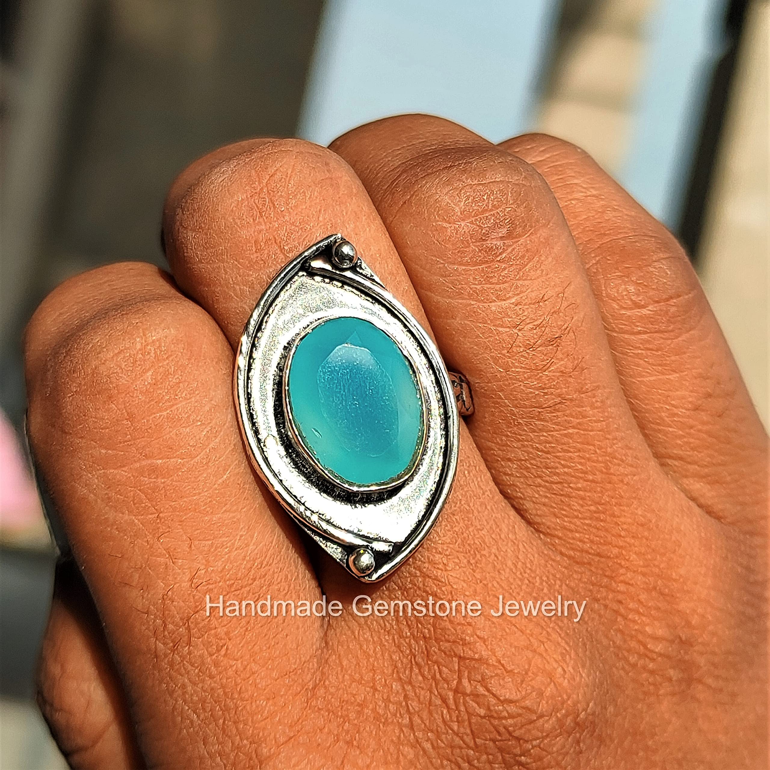 Blue Chalcedony Ring - Oval Faceted Stone Designer Band for Wedding, Promise & Unisex Jewelry | Unique Handcrafted Gemstone Ring for Everyday Wear & Special Occasions