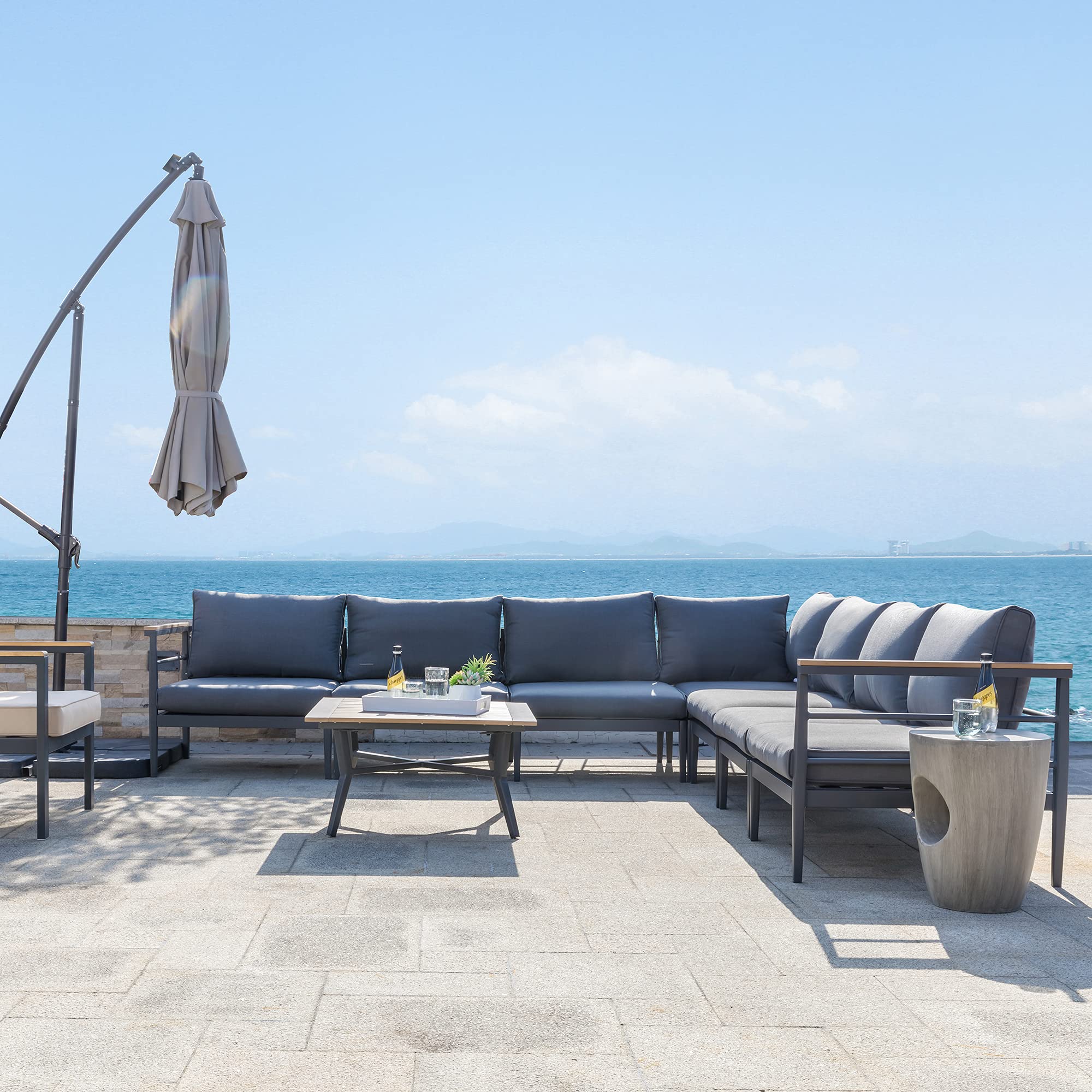 Premium 8-Piece Aluminum Outdoor Patio Furniture Set with Coffee Table & Removable Cushions - Weather-Resistant Black Garden Conversation Sofa Set for Balcony, Backyard, Poolside & Outdoor Entertaining