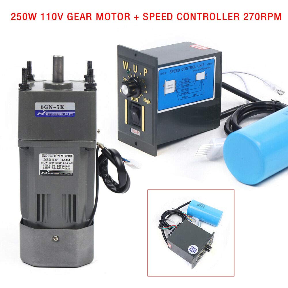 110V 250W AC Gear Motor - Single Phase Electric Motor with Variable Speed Controller (0-270 RPM) | 1:5 Reduction Ratio | Perfect for Conveyor Belts, Mixers & Industrial Machinery