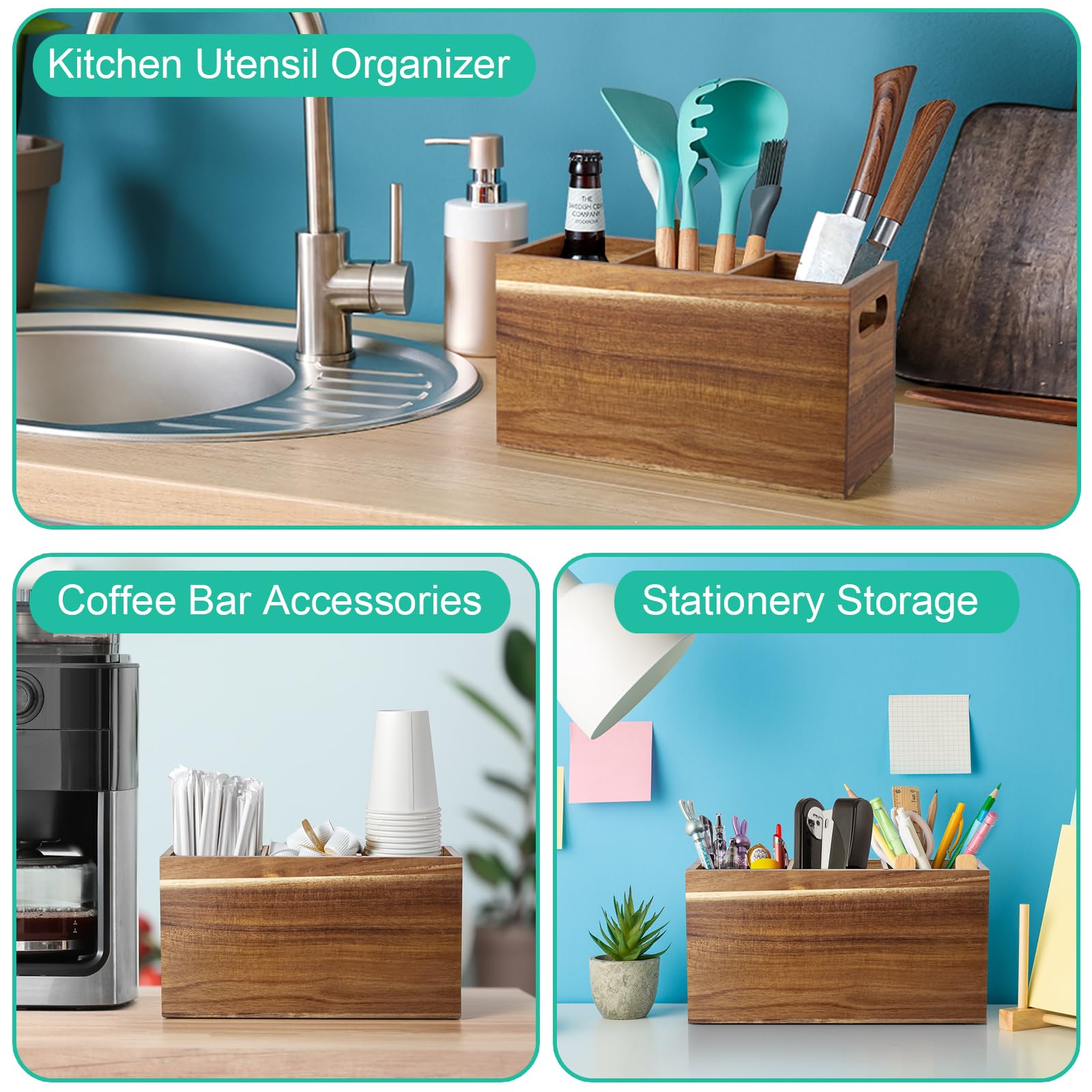 ALELION Acacia Wood Kitchen Utensil Holder - 3 Compartment Countertop Organizer for Spoons, Spatulas & Cooking Tools - Farmhouse Style Kitchen Decor for Counter, Pantry & Dining Room Storage