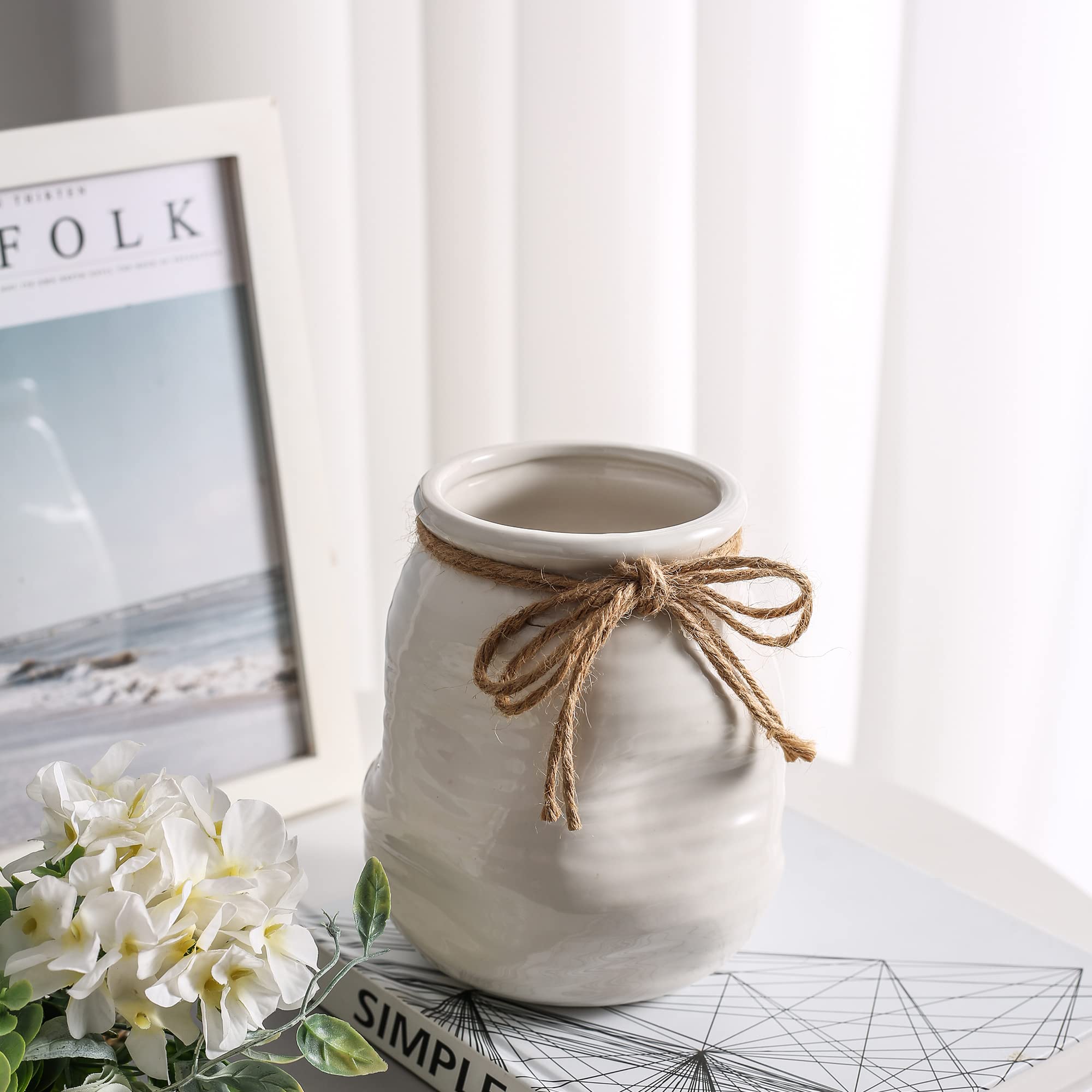 White Ceramic Flower Vase - Modern Farmhouse Centerpiece Decor for Entryway, Dining Table & Home Styling (6.3 Inch) - Perfect for Weddings, Living Room & Farmhouse Decor