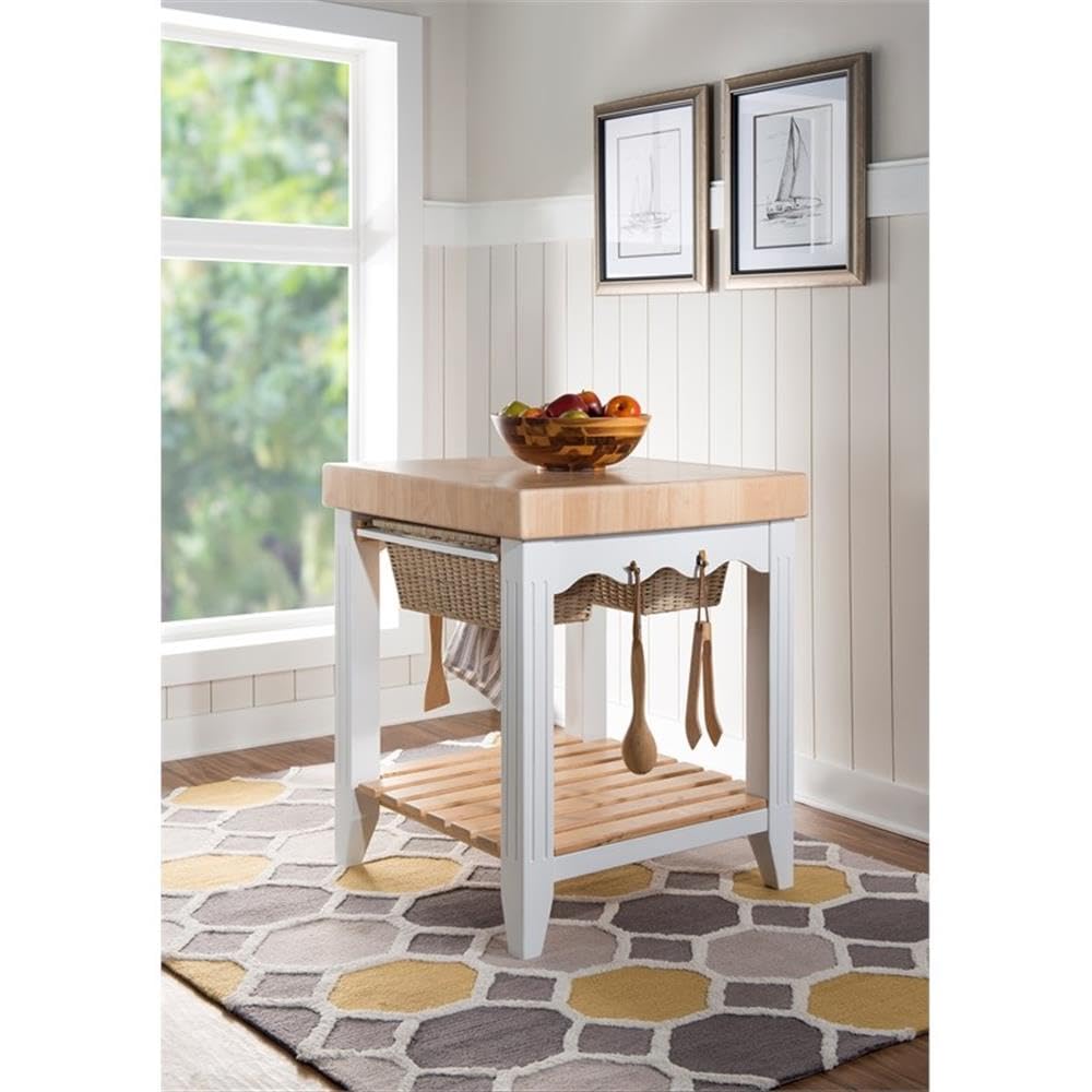 Pemberly Row White Transitional Wood Butcher Block Kitchen Island with Storage - Perfect for Small Kitchens, Food Prep & Entertaining