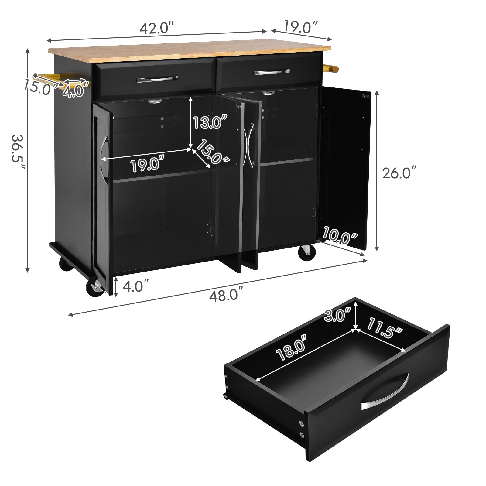 Giantex Large Kitchen Cart with 2 Drawers & Storage Cabinets - Adjustable Shelves, Lockable Casters, Rubber Wood Countertop & Towel Rack - Mobile Kitchen Island for Small Spaces - Perfect for Apartments, Dorms & Home Cooking - Easy Assembly (Black)