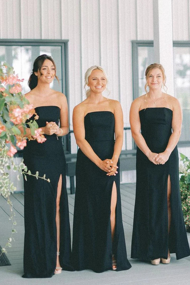 Elegant Black Satin Strapless Mermaid Bridesmaid Dress with High Slit - Perfect for Weddings, Prom, and Formal Evening Events