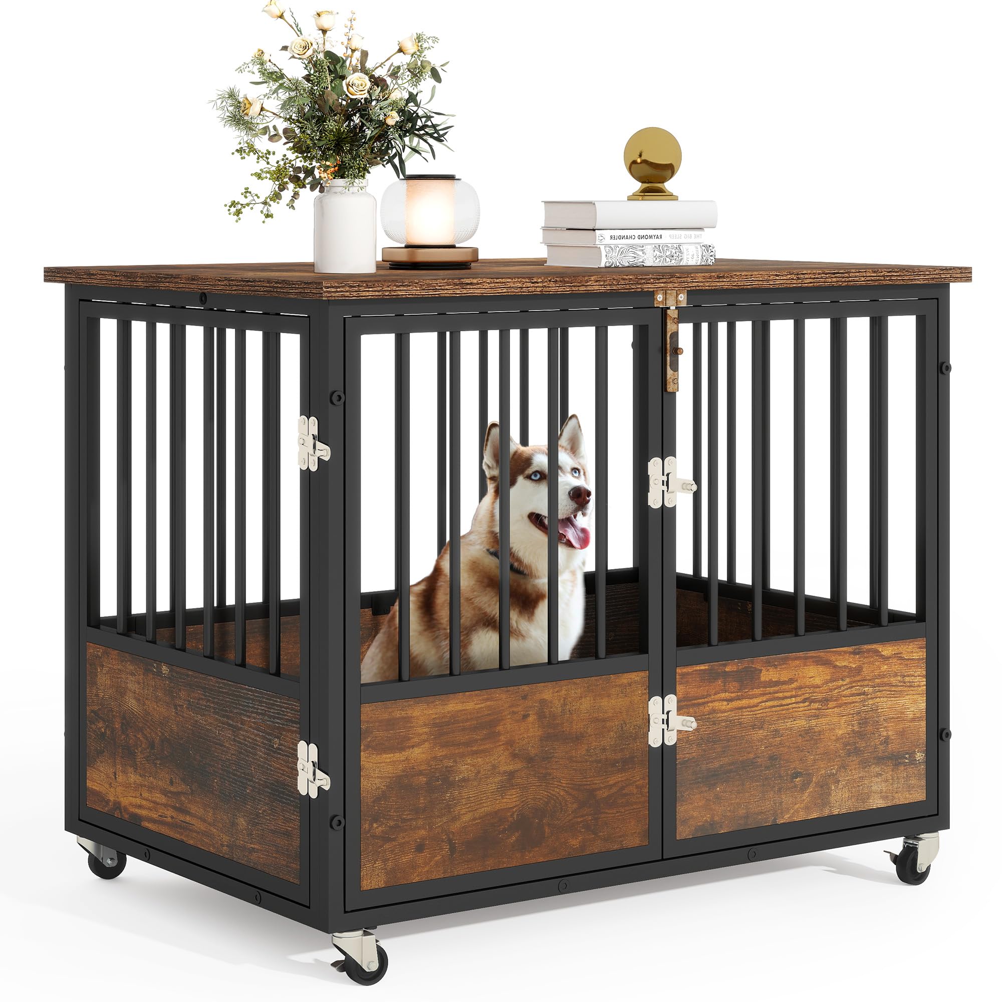 DWVO 38 Inch Rustic Brown Farmhouse Dog Crate Furniture with Wheels - Chew-Resistant Wooden Kennel End Table with Double Doors for Indoor Use | Perfect for Living Room, Bedroom & Home Decor