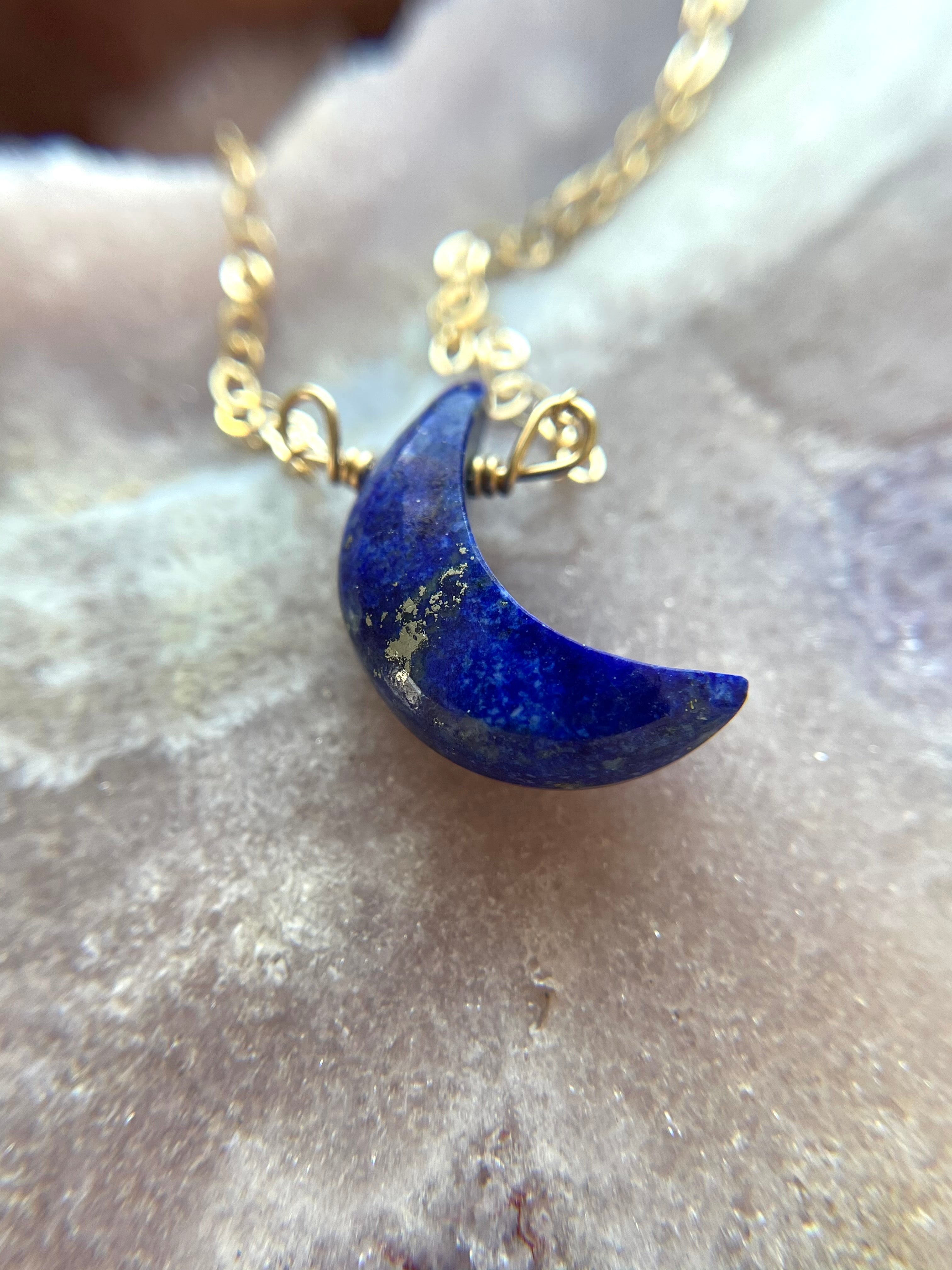 Blue Lapis Lazuli Crescent Moon Necklace - 14K Gold Plated Gemstone Jewelry for Women | Raw Stone Crystal Pendant for Spiritual Healing, Meditation & Boho Fashion