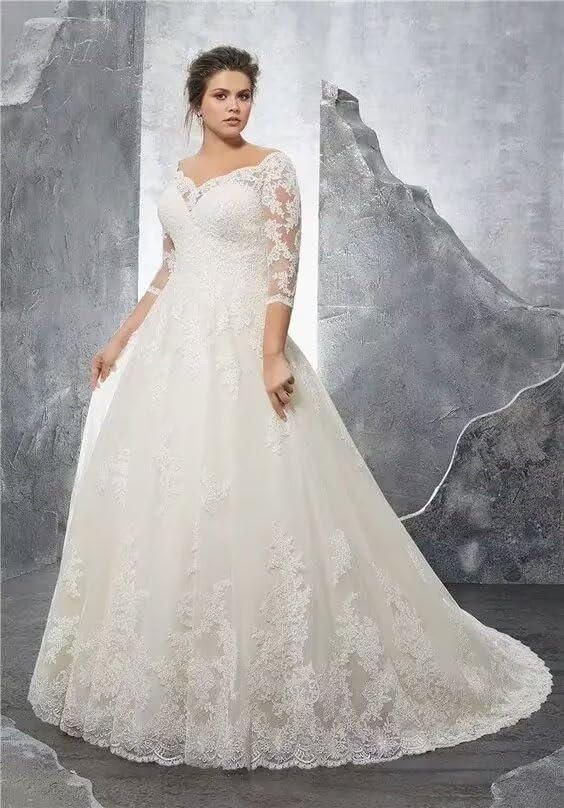 Elegant Boho Lace Wedding Dress for Women – Long Sleeve Tulle Ball Gown with Train & Appliques | Perfect for Beach, Garden, and Vintage-Themed Weddings
