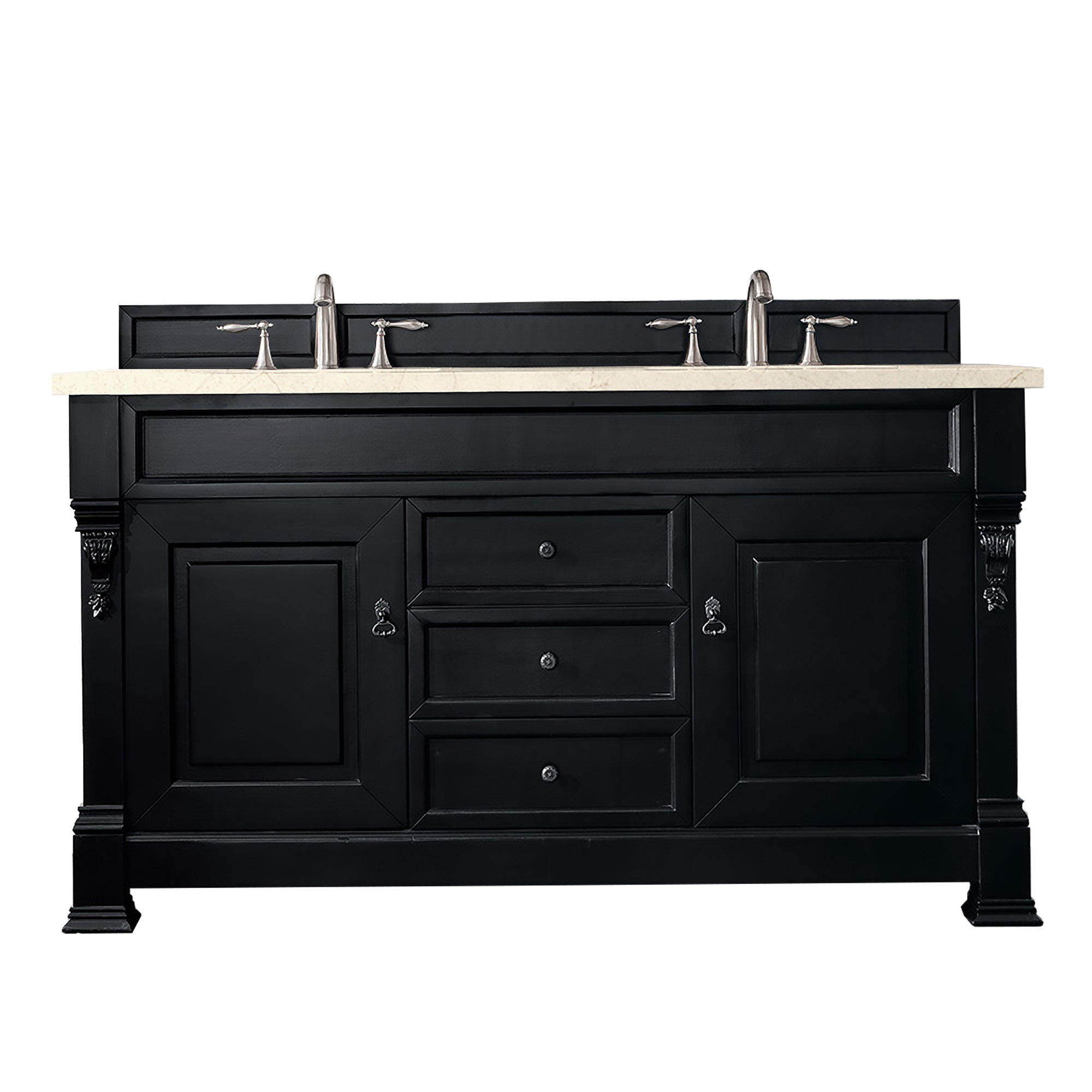 Brookfield 60 Inch Double Vanity with Antique Black Finish & 3CM Eternal Marfil Quartz Top - Modern Bathroom Sink Cabinet for Master Bath or Guest Bath Remodel