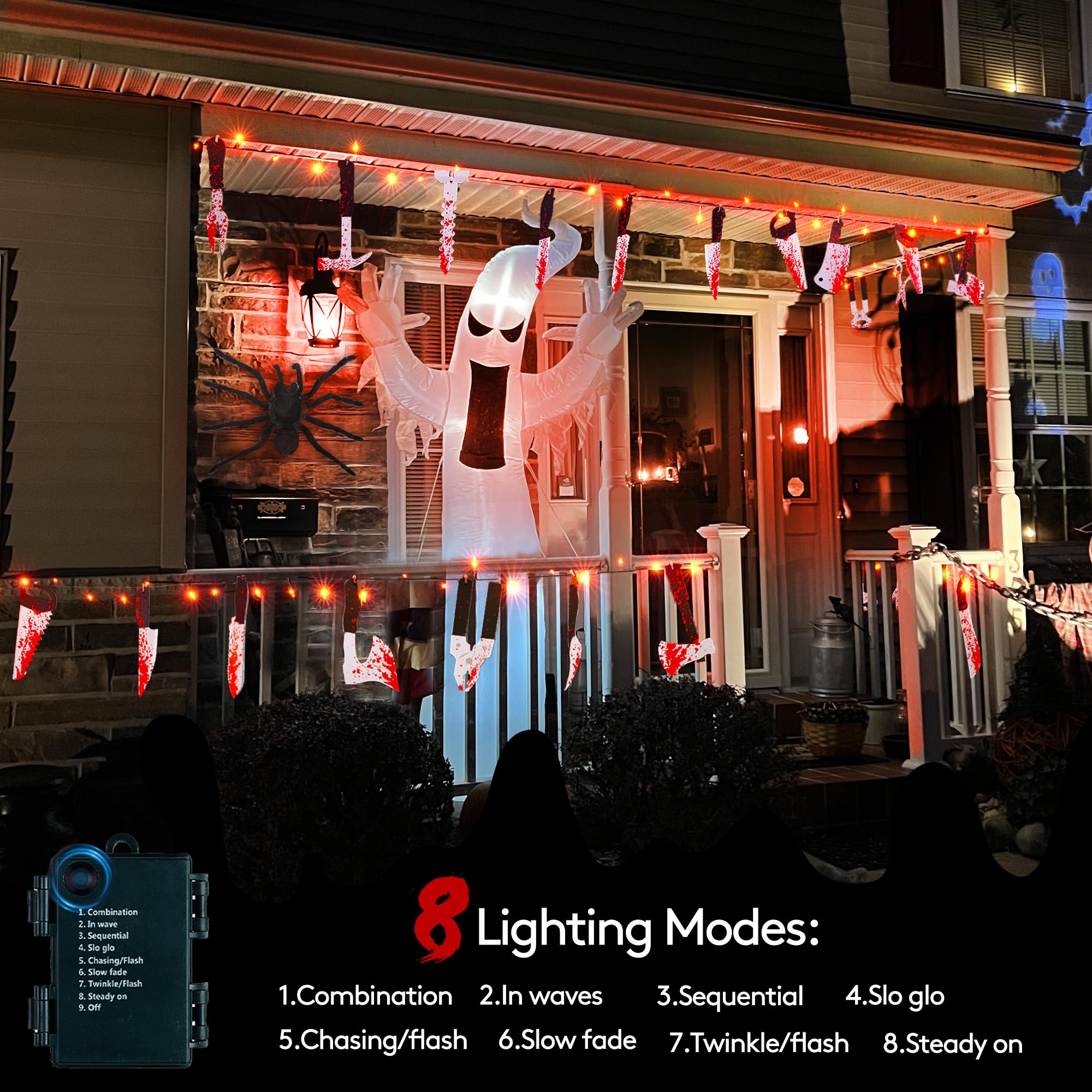 BLCtec 12FT Halloween String Lights with 16 Fake Bloody Knives & 50 LED Orange Bulbs - 8 Lighting Modes Battery Operated Scary Decor for Halloween Party, Haunted House, Yard, and Outdoor Décor