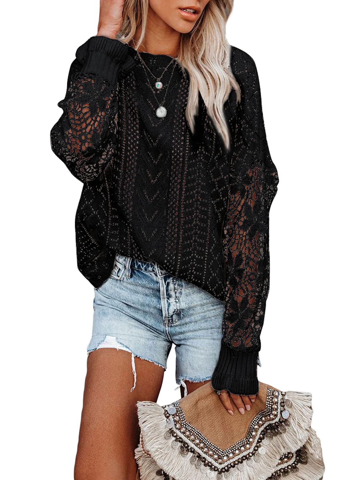 AlvaQ Women's Lace Crochet Long Sleeve Crewneck Sweater - Winter Knit Pullover Jumper Top for Casual Wear & Office Outfits