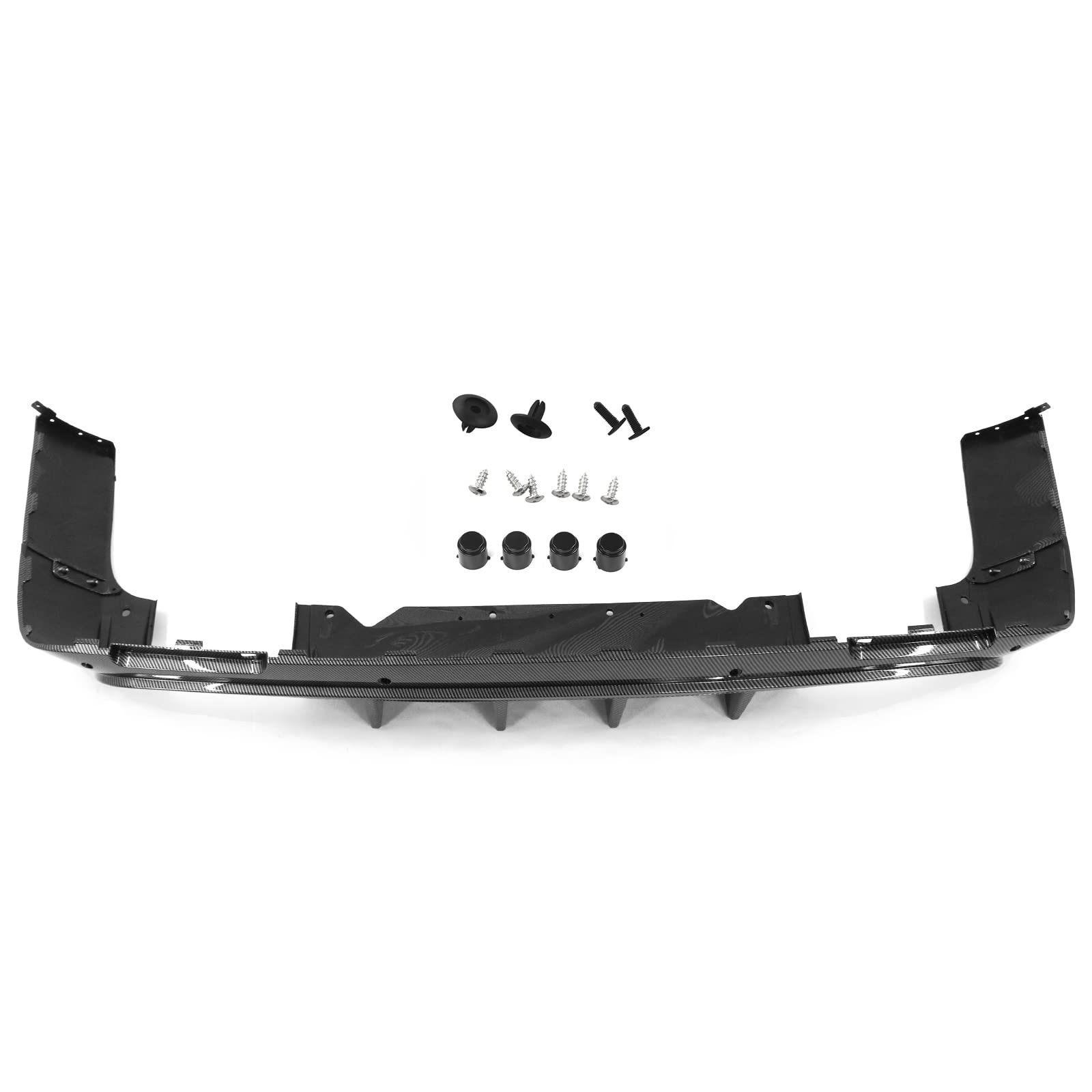 IKON MOTORSPORTS Rear Diffuser for 2015-2023 Dodge Challenger | V1 Style Carbon Fiber Print PP Rear Bumper Lip Spoiler with Shark Fins | Upgrade Your Ride for Street Racing & Car Shows