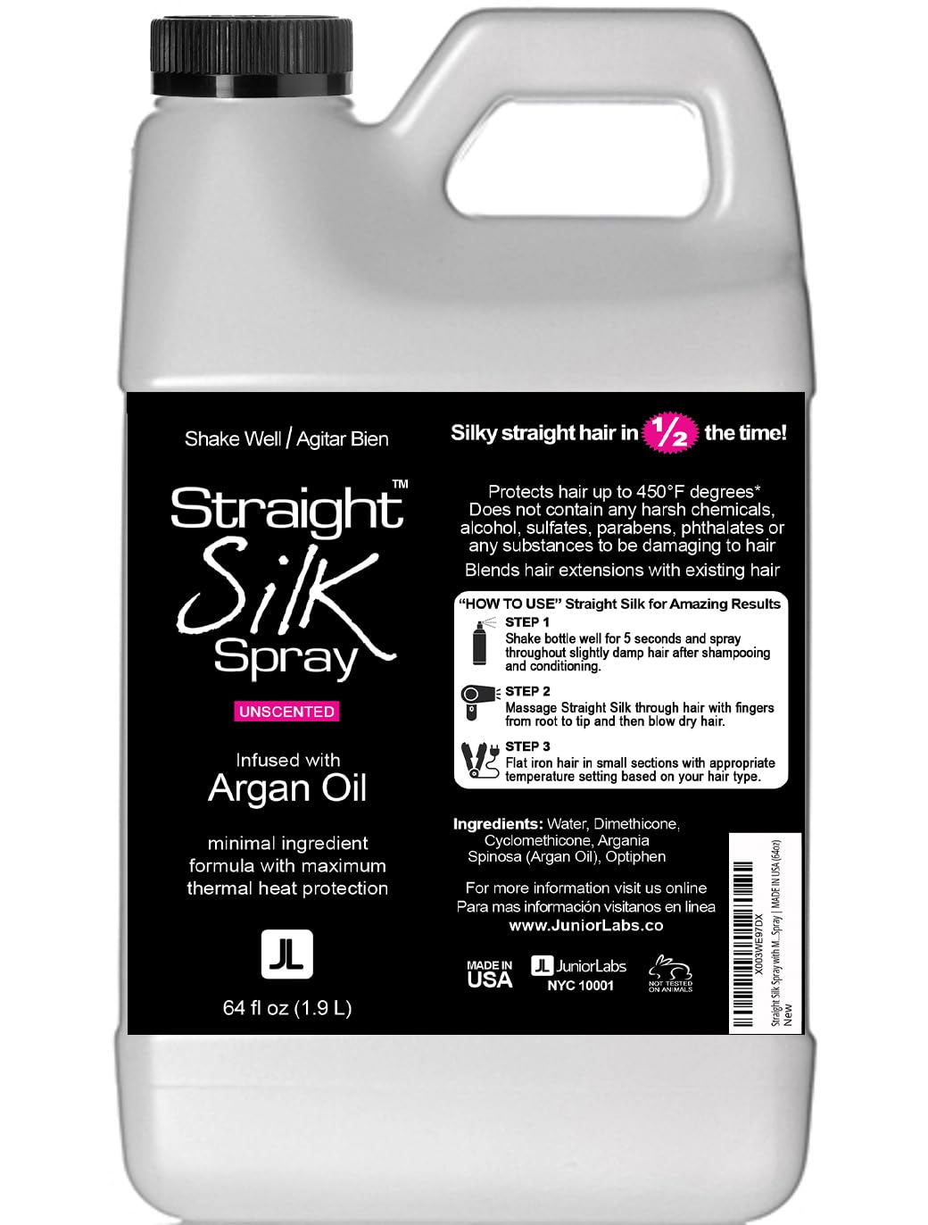 Straight Silk Spray with Moroccan Argan Oil - Alcohol-Free Heat Protectant for Hair Up to 450°F | Hair Straightening Protector & Detangler for Flat Iron & Blow Dry | Unscented Hair Spray Made in USA (64oz) | Perfect for Salon Styling & Daily Frizz Control