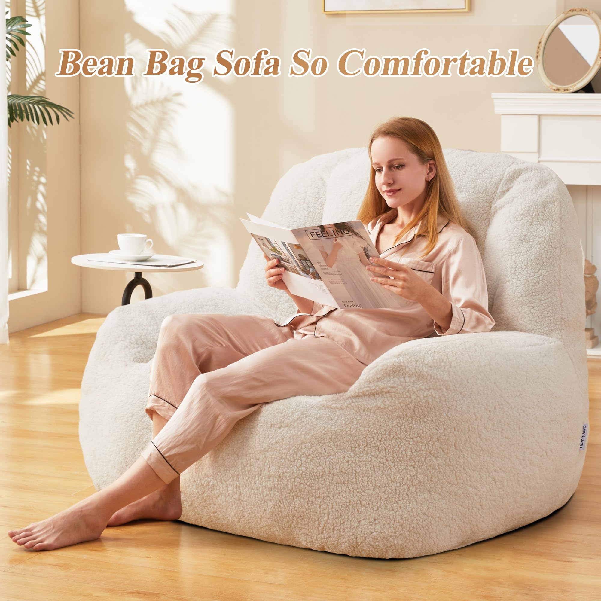 Homguava Oversized Bean Bag Chair for Adults - Giant Bean Bag Sofa with Included Filler, Modern Comfortable Lounger for Living Room, Bedroom & Game Room (White) - Perfect for Relaxing, Gaming & Movie Nights