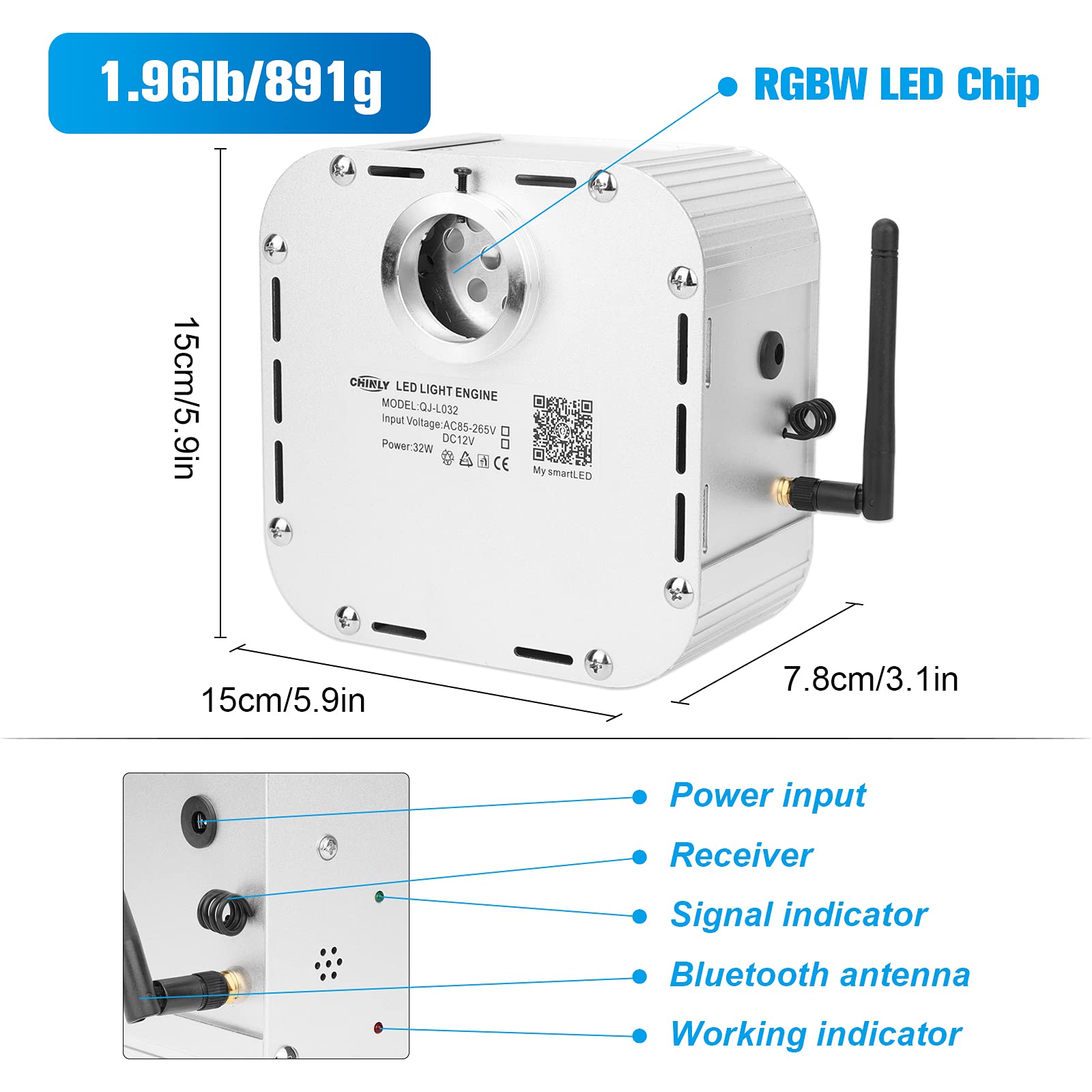 CHINLY 32W 800-Piece Twinkle Bluetooth RGBW LED Fiber Optic Star Ceiling Light Kit with APP/Remote Control, 0.03in 13.1ft - Includes Adapter, Cigarette Lighter & 10 Crystals - Perfect for Car Headliner, Home Theater, Bedroom & Ceiling Decor