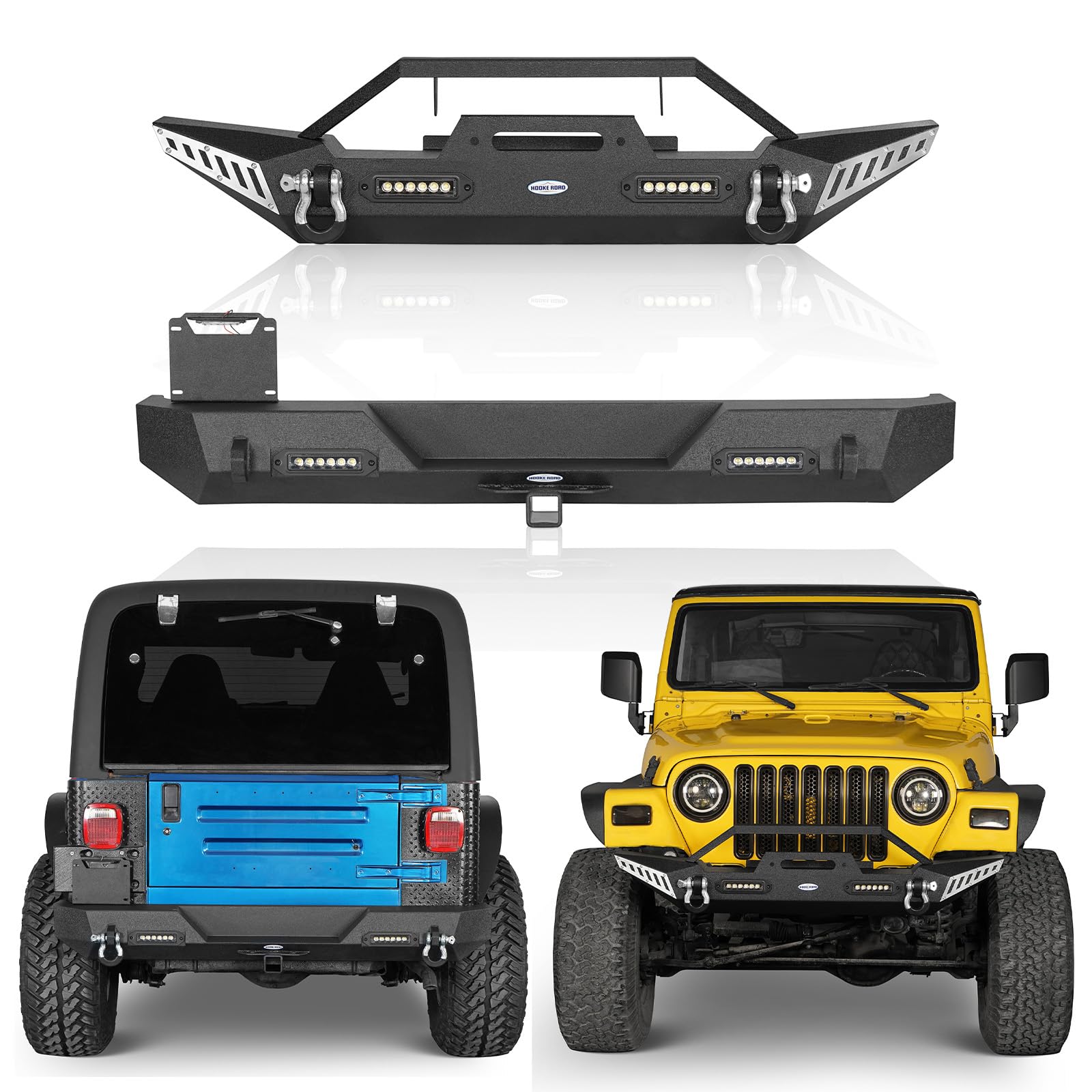 Hooke Road Jeep Wrangler TJ Front & Rear Bumper Combo with Winch Plate & Hitch Receiver for 1997-2006 TJ & Unlimited LJ Models - Off-Road Protection & Towing Solution for Adventure Enthusiasts