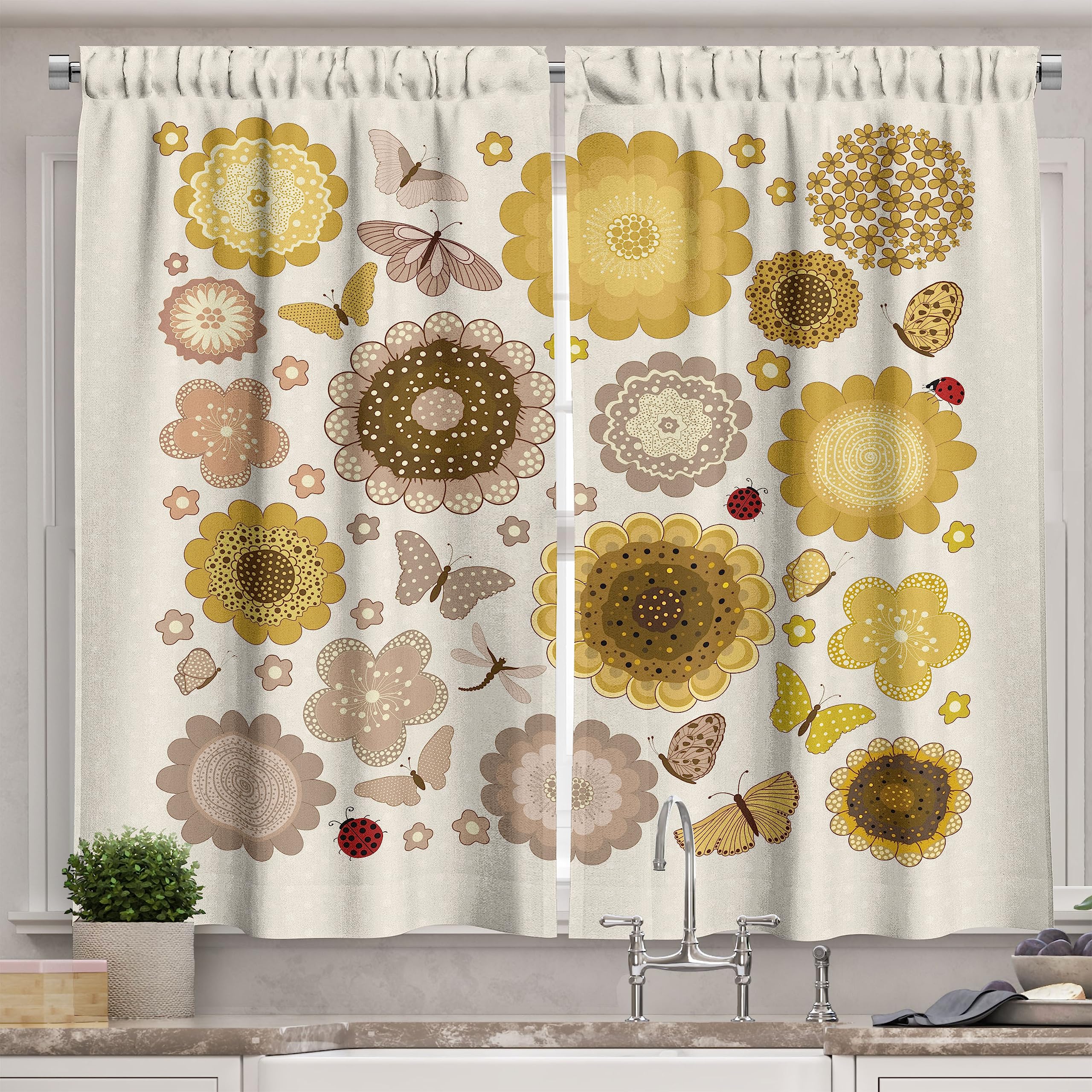 Ambesonne Vintage Floral Kitchen Curtains with Scattered Butterflies - 2 Panel Window Drapes Set 55