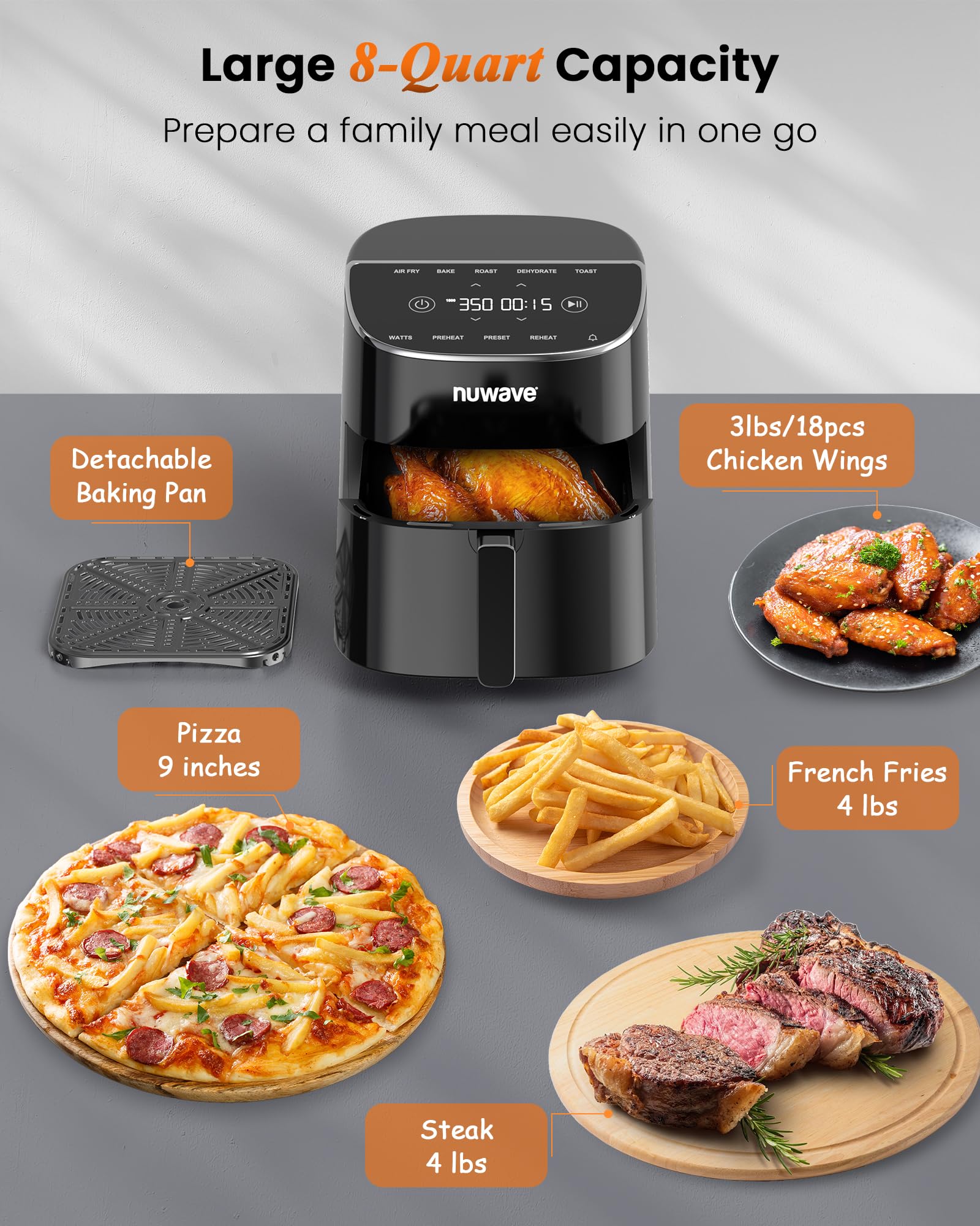 Nuwave Brio Plus 8 Qt Air Fryer – PFAS-Free, 7-in-1 Digital Cook Functions (Air Fry, Bake, Roast, Dehydrate, Toast, Reheat, Preheat), 150 Presets, 50°F-400°F, 700W-1800W – Perfect for Healthy Cooking, Meal Prep & Family Dinners