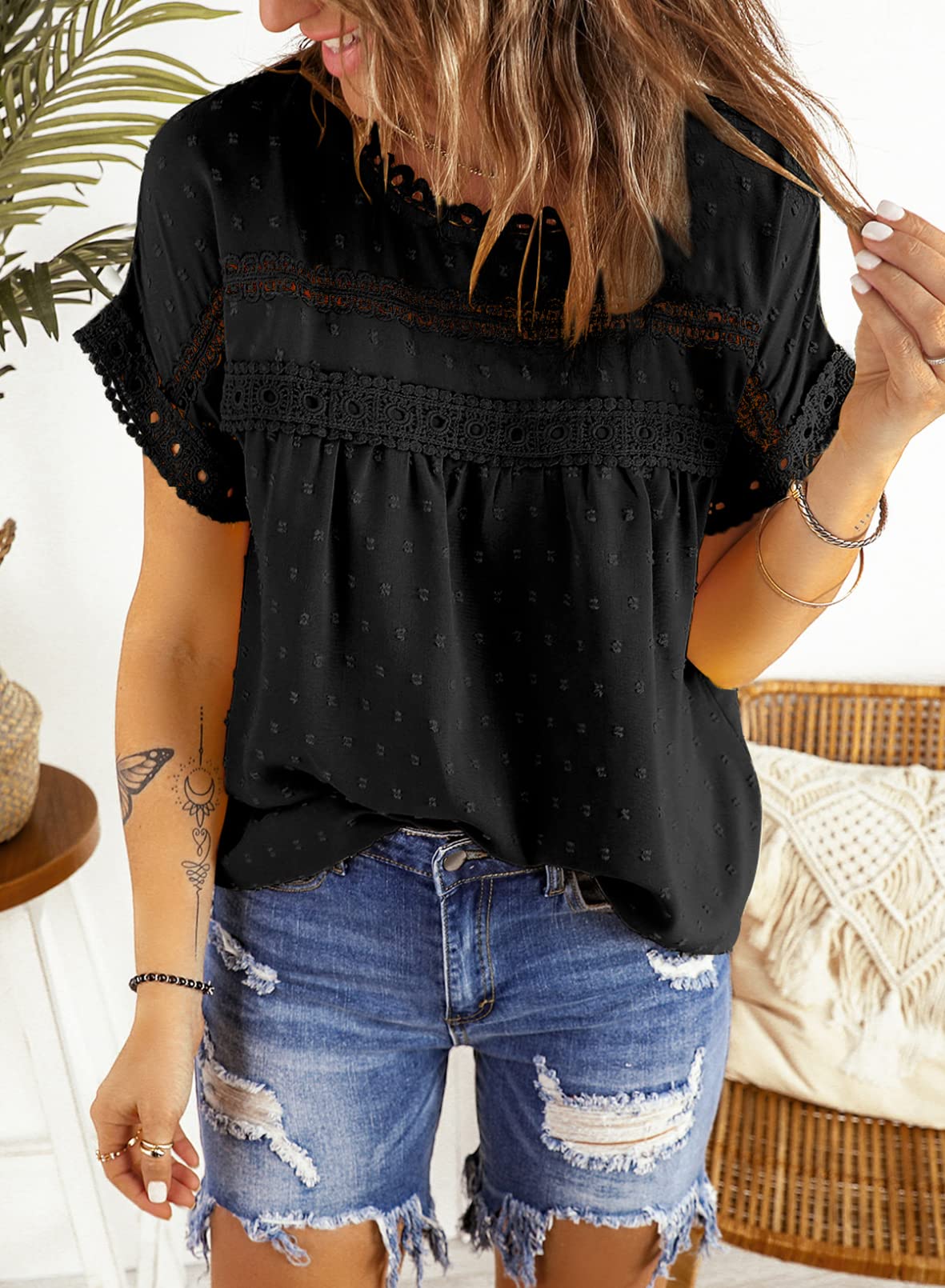 Dokotoo Women's Summer Tops - Lace Crochet Crewneck Short Sleeve Shirts, Casual Chiffon Blouses for Beach, Vacation & Everyday Wear