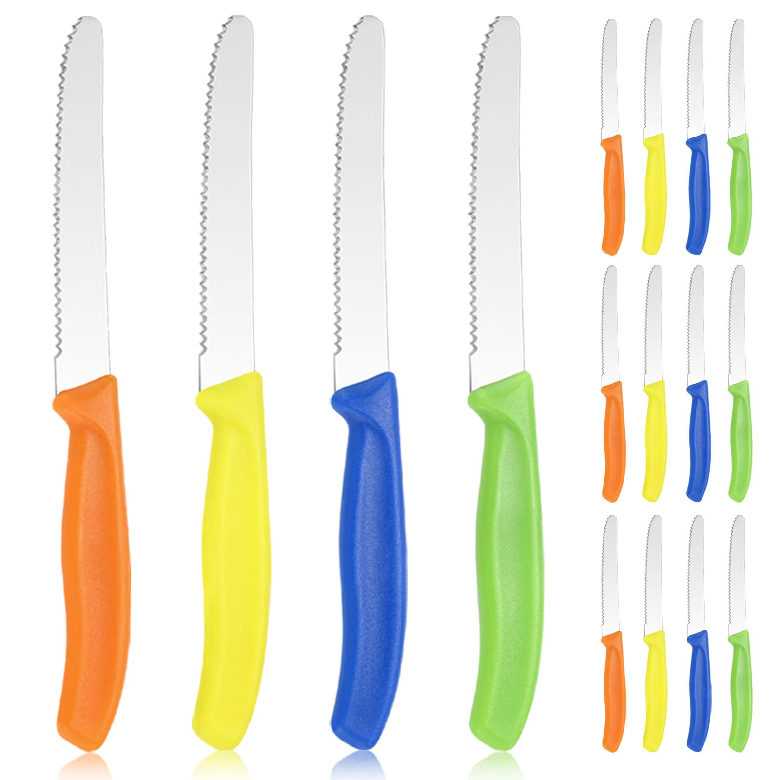 BEWOS 16-Piece Steak Knife Set - 4.4 Inch Serrated Stainless Steel Kitchen Knives with Round Head & Colorful Handles - Dishwasher Safe - Perfect for Steak Dinners, BBQs, and Restaurant Use